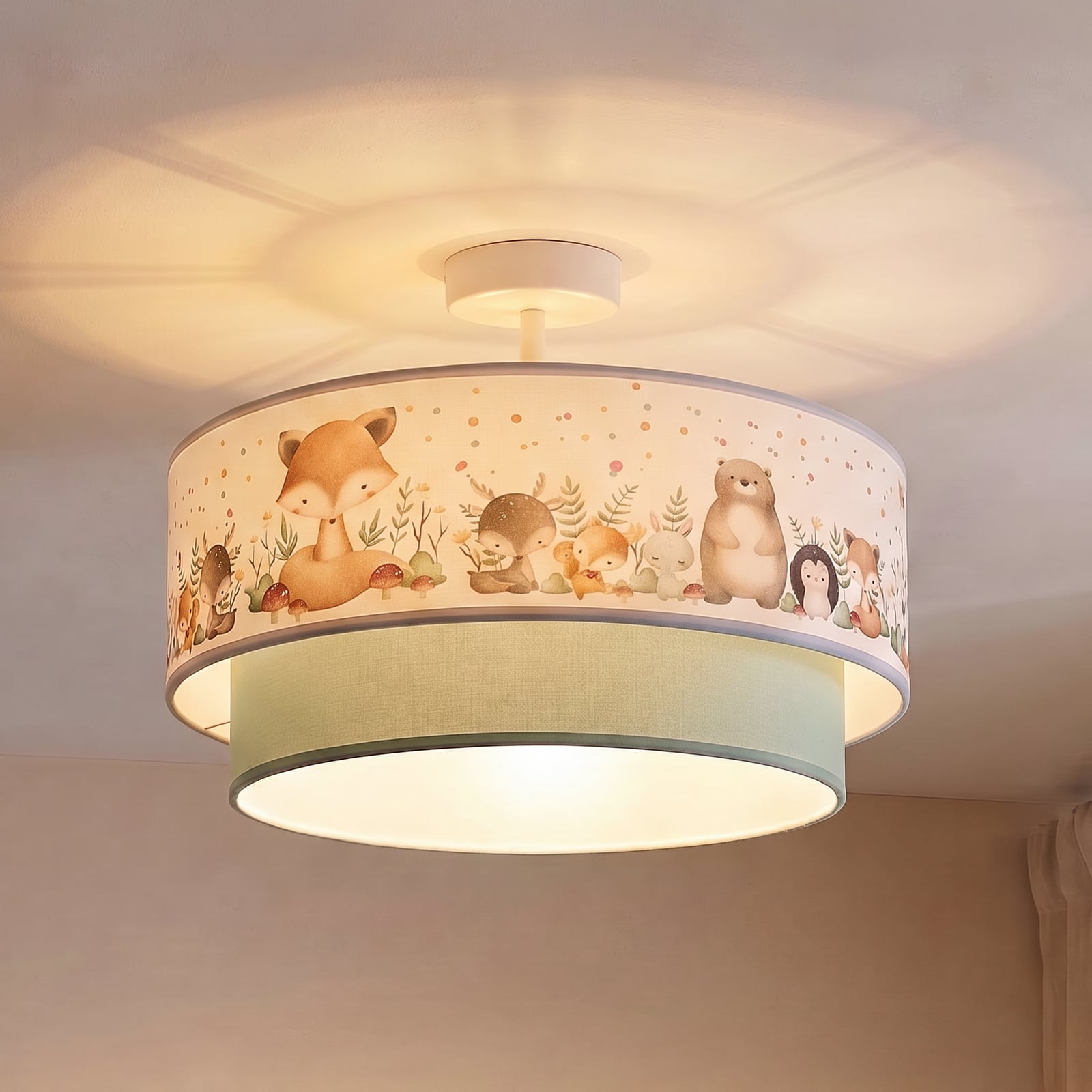 Boho children’s ceiling lamp, sage green/multicoloured, Ø40cm, fabric, E27