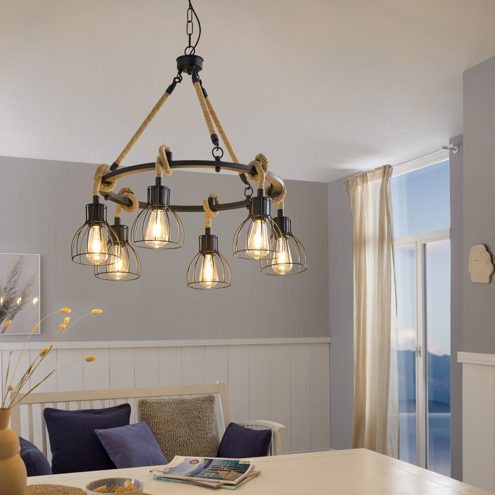 Rampside pendant light, six cage lampshades