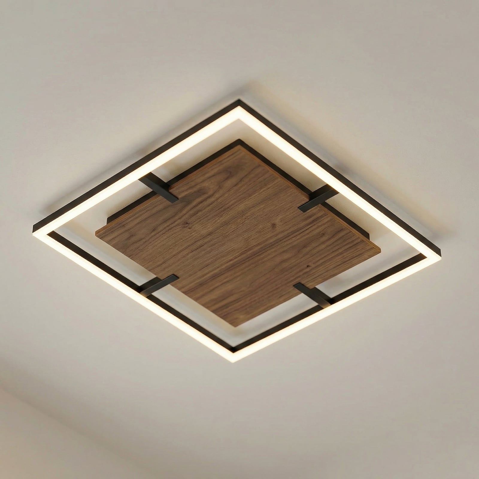 Stropné LED svetlo Lucande Vectra, 50 x 50 cm, drevo, stmievateľné