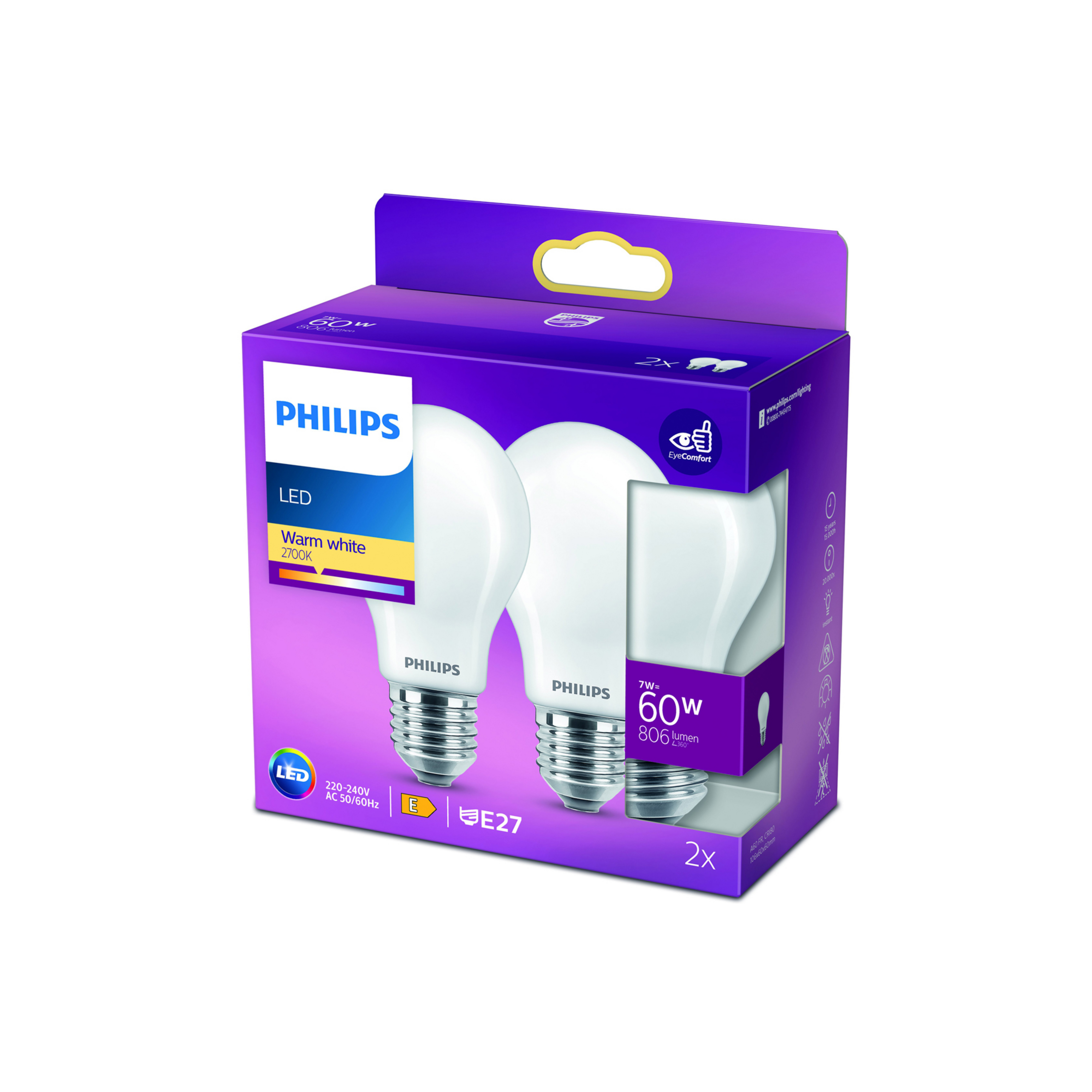 Philips LED-pære E27 7 W 2.700 K opal, 2 stk