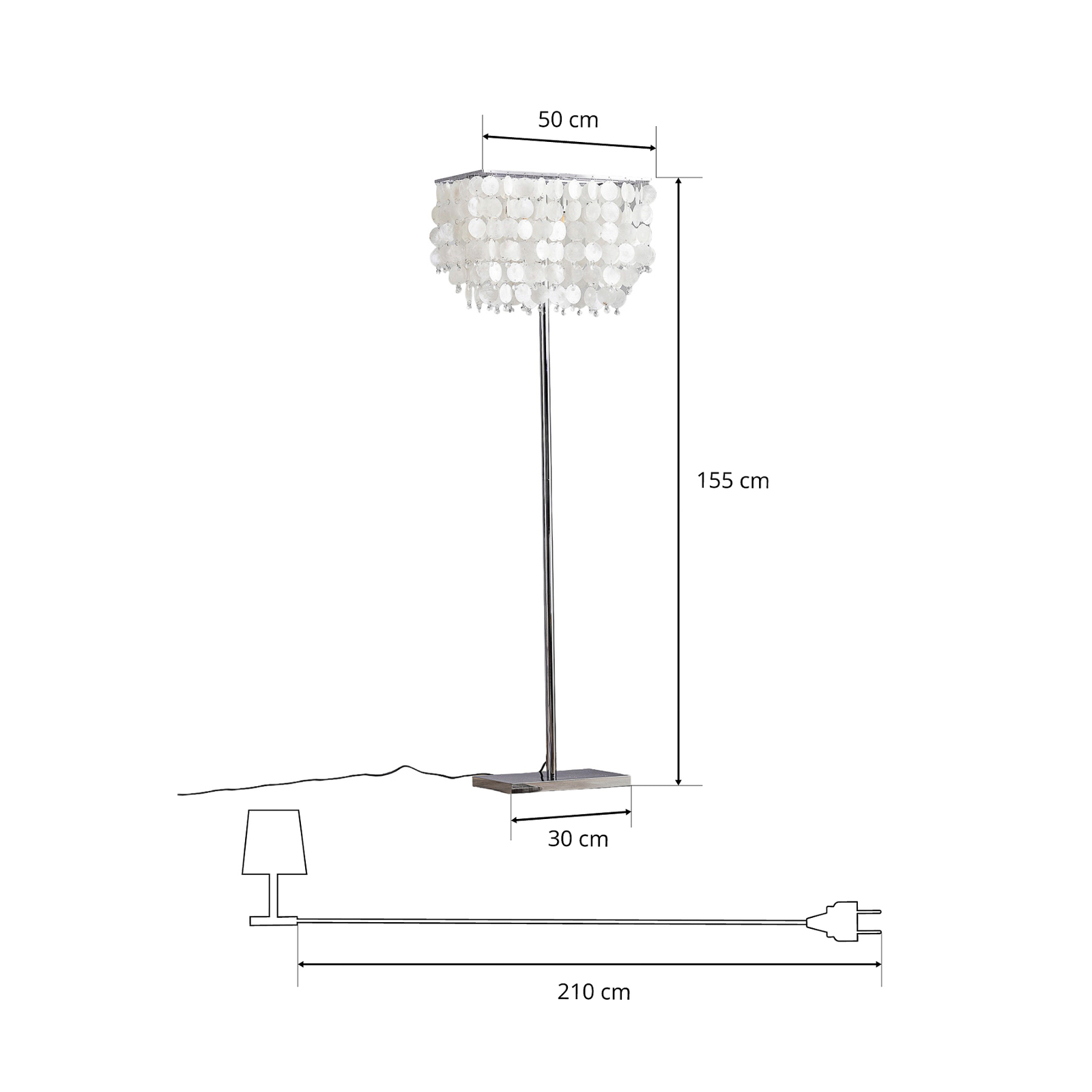 Stojací lampa Makani, chrom, s dekorem mušlí