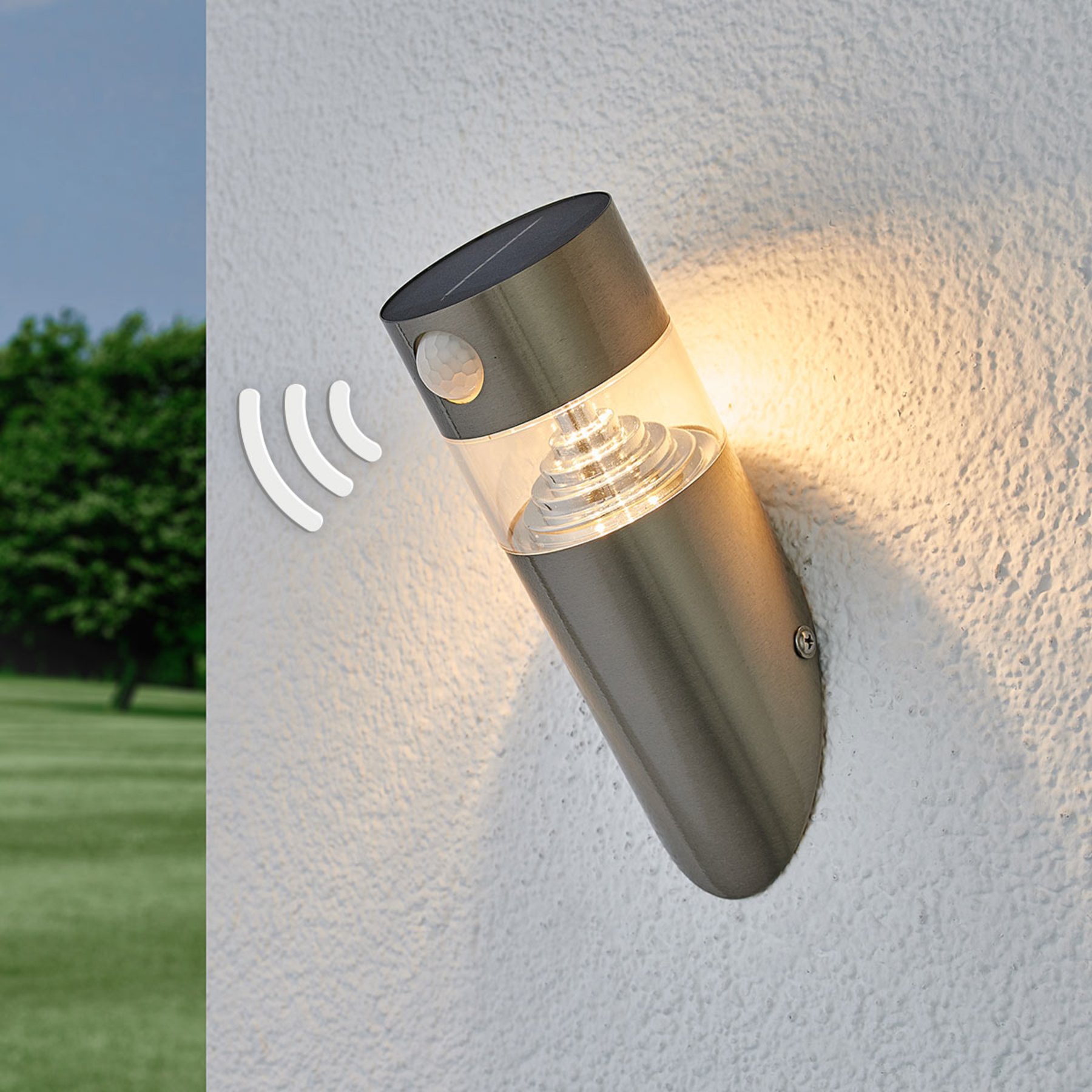 Lindby Solar LED wall lamp Kalypso, slanted, sensor, stainless steel, plastic, 0.9 W, energy efficiency: A+, L: 21.3 cm, W: 7.6 cm