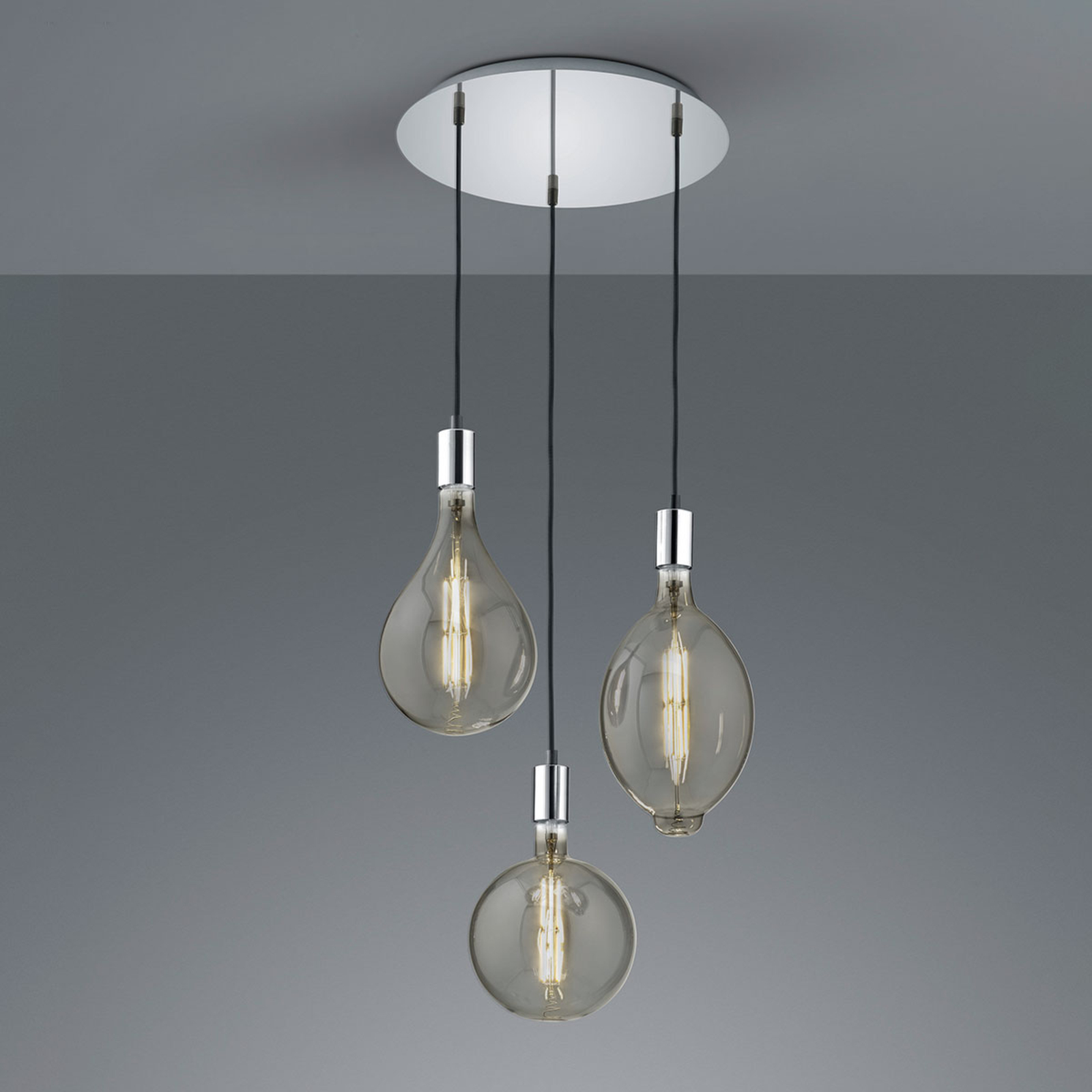 Trio Lighting Ginster LED hanging light, 3-bulb, chrome, round, for Living / Dining Room, metal, E27, 8 W, energy efficiency: B