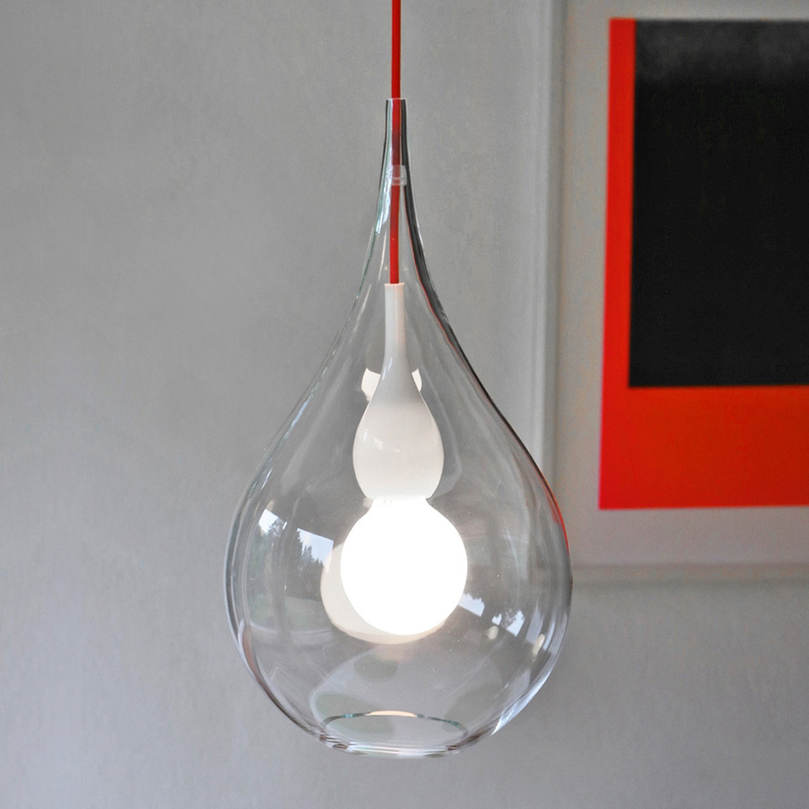 next Blubb 2 hanging light, clear glass, red cable, for Living / Dining Room, glass, E27, 20 W, energy efficiency: A++, H: 46 cm