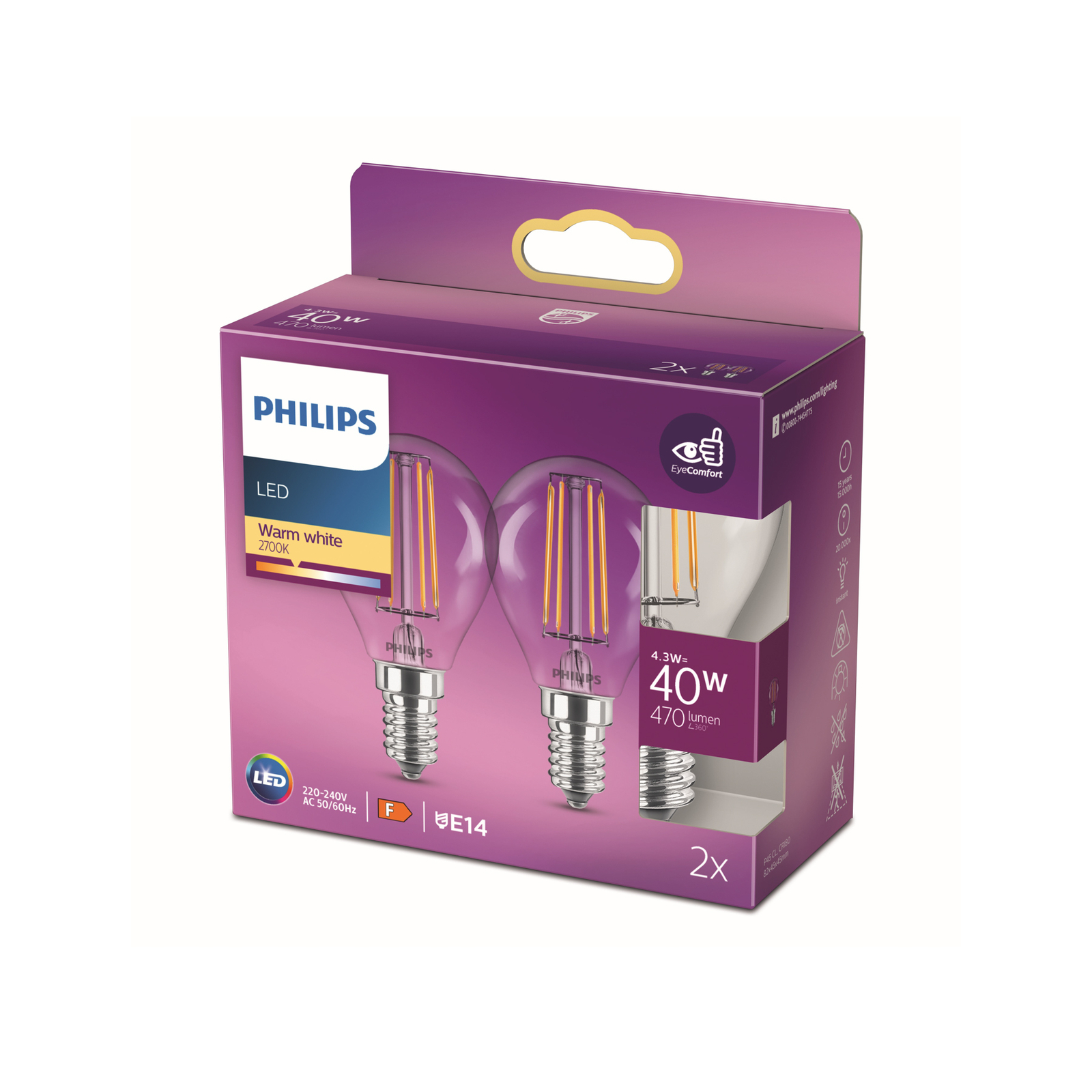Philips LED-pære E14 4,3W P45 filament 2 700 K 2st
