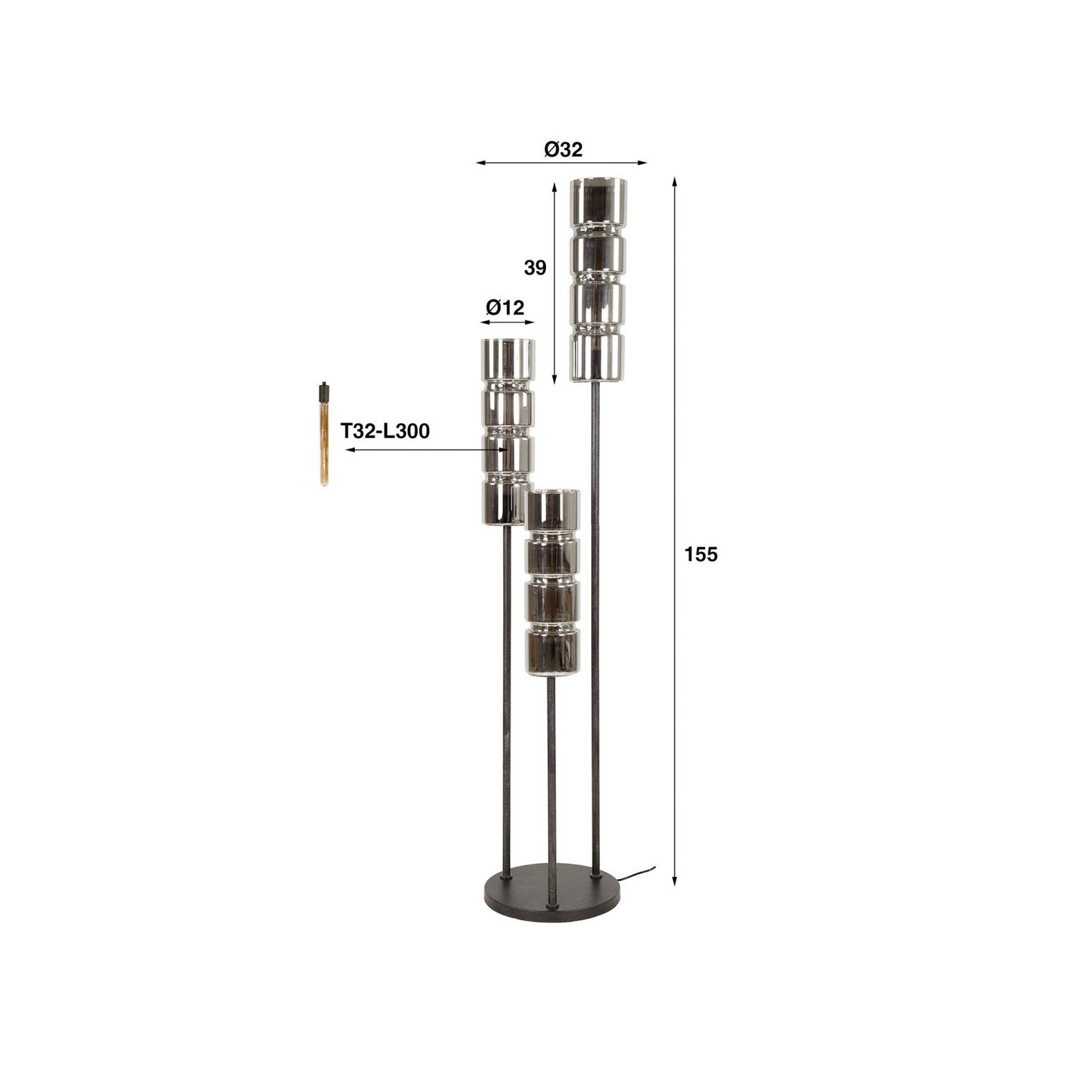 Lampa stojąca Cylindro, 3-punktowa, chrom, czarny, szkło