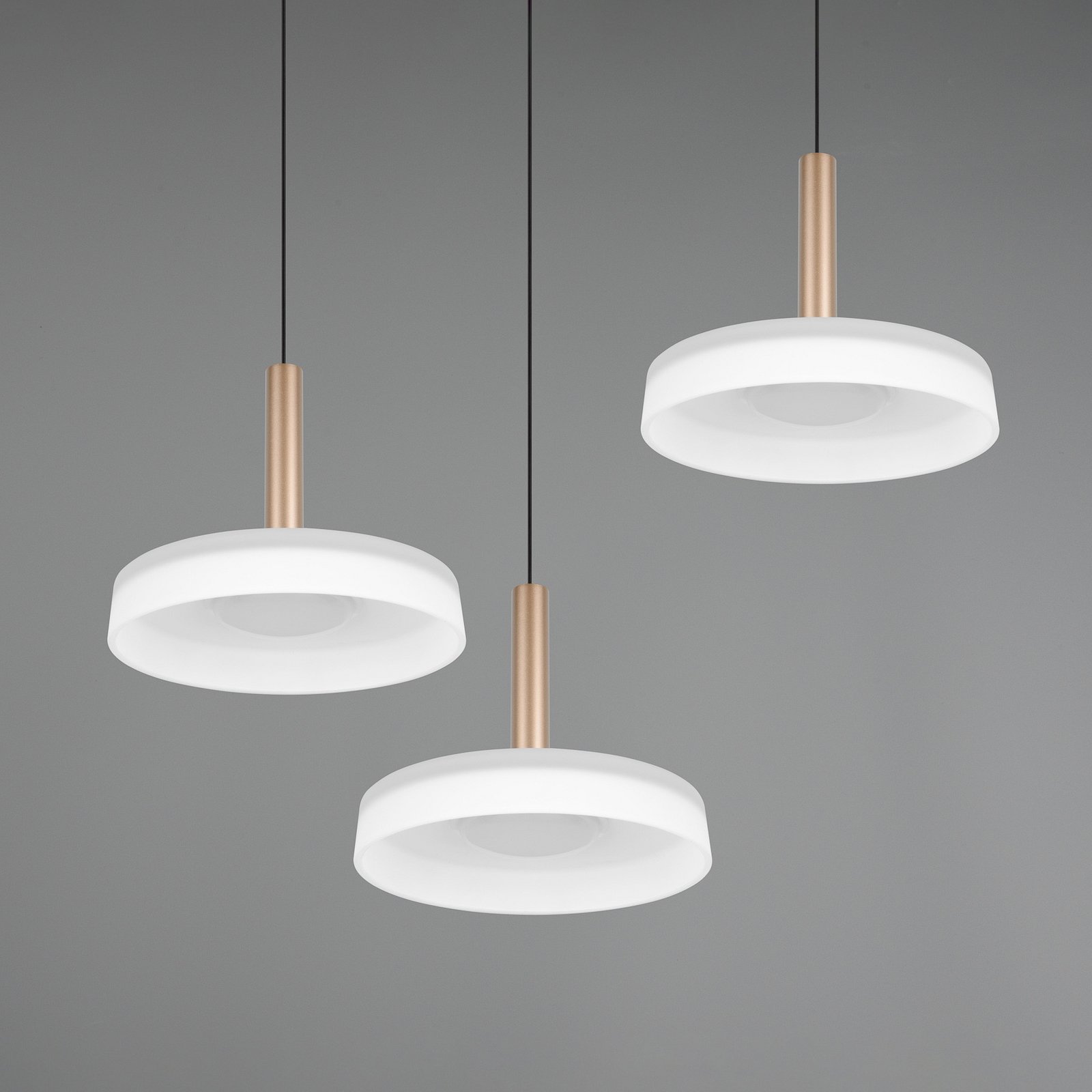 Suspension LED Celeste, blanc/brun, Ø 35 cm à 3 lampes. Verre à intensité