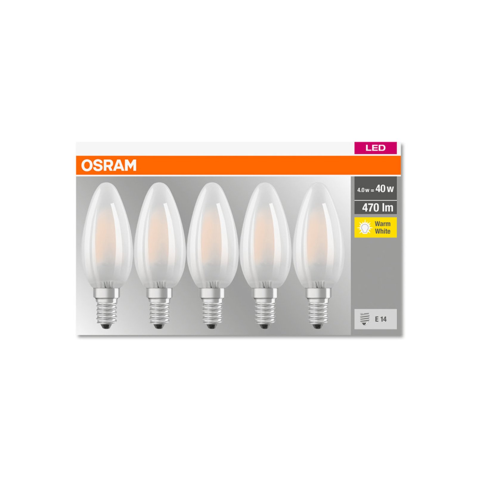 OSRAM LED žárovka svíčka E14 4W 2 700K 470lm 5ks