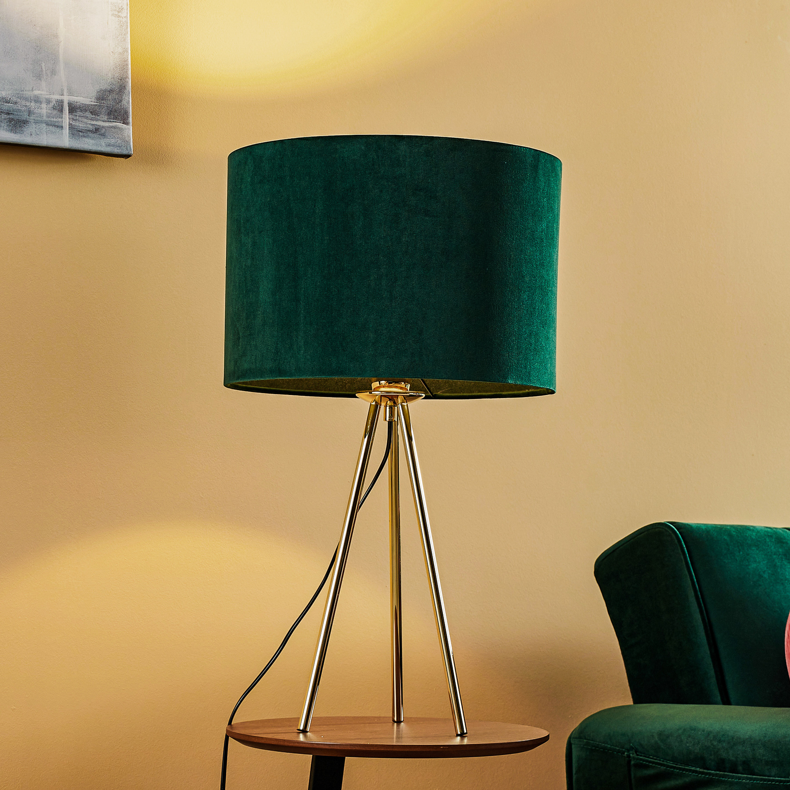 Lampe à poser Monaco, trépied doré, velours vert