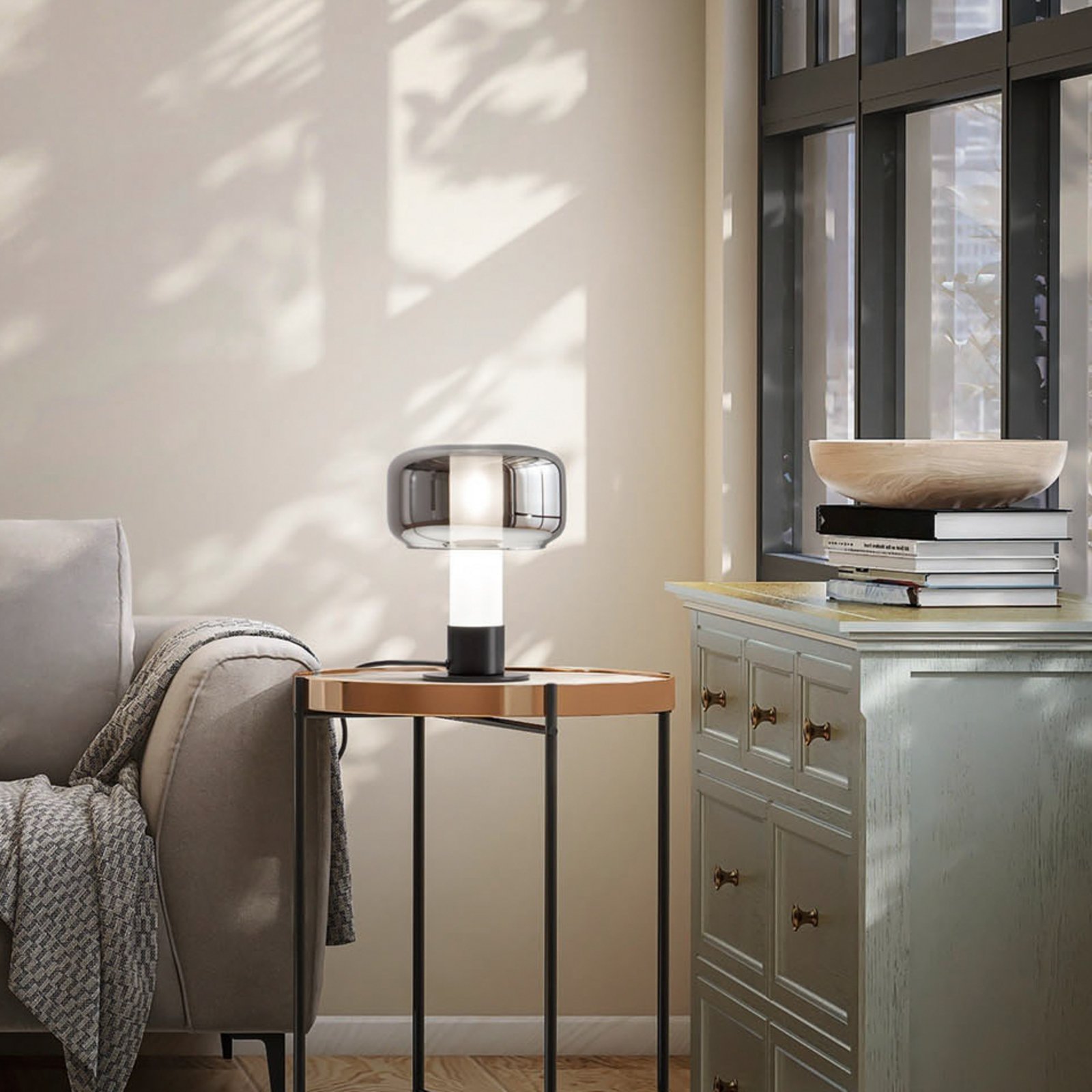 Flick table lamp, smoky grey, glass, 28 cm, dimmable, E14