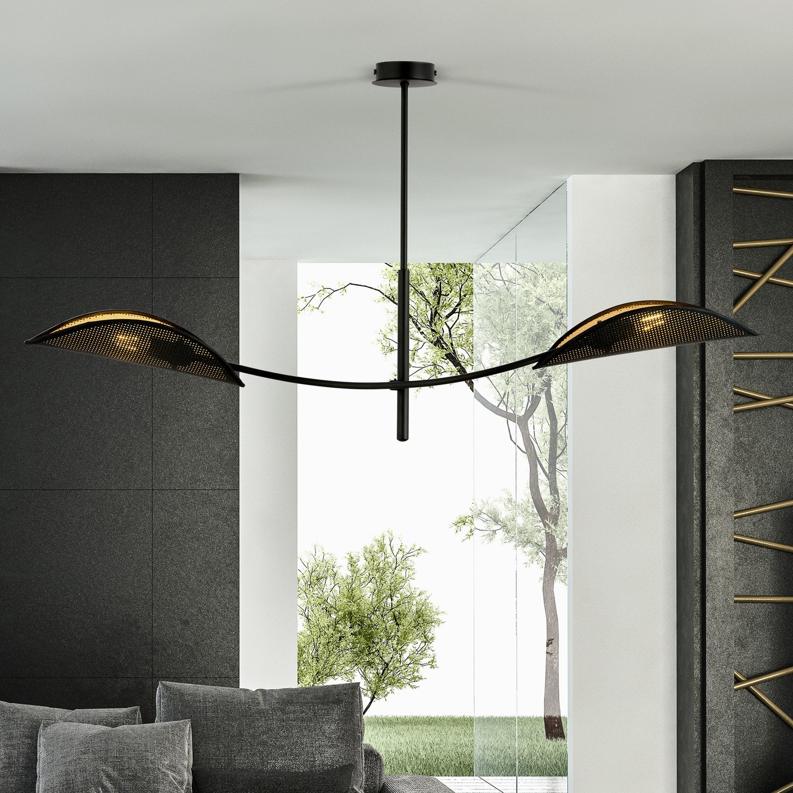 Lotus ceiling lamp, black/gold, 2-bulb