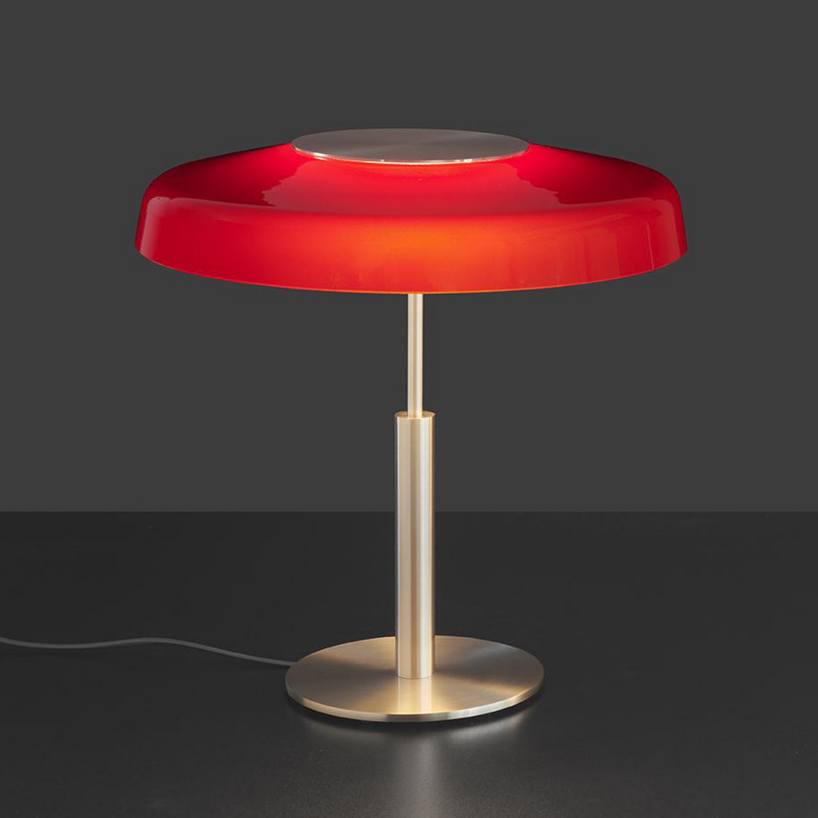 Oluce LED table lamp Dora, gold, red, metal, PMMA