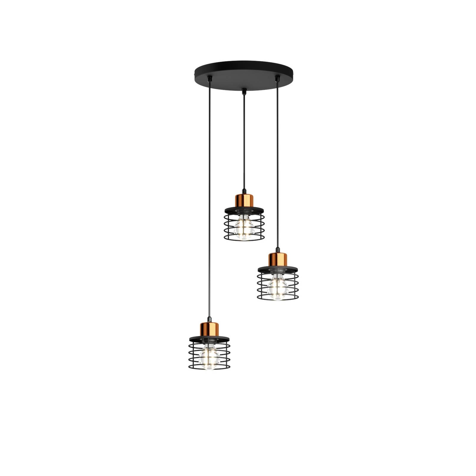 Suspension Edison en noir/cuivré à 3 lampes ronde