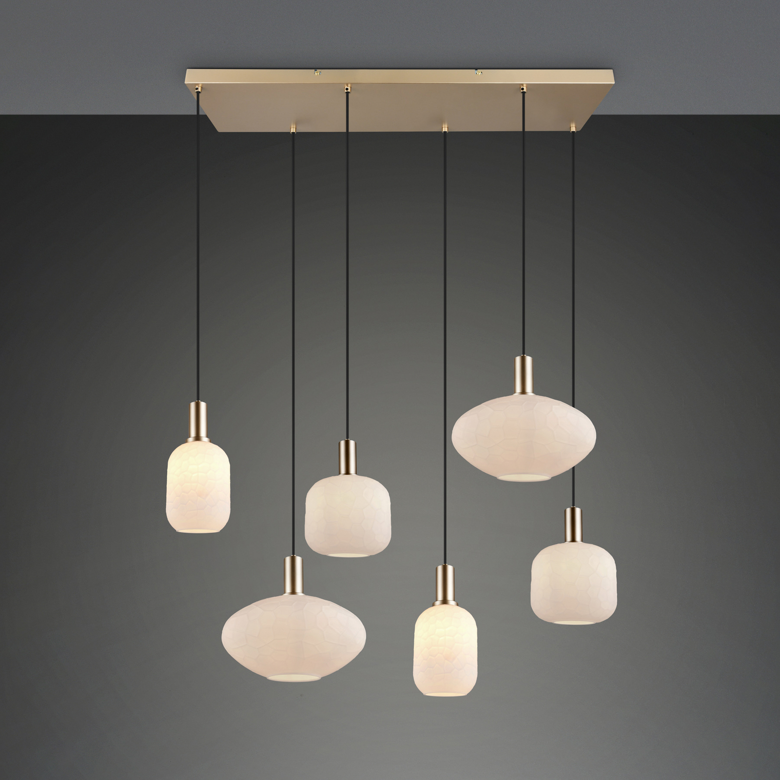 Hanglamp Emelie, 6-lamps, goudkleurig/wit, metaal, glas, E27 Hanglamp Emelie, 6-lamps, goudkleurig/wit, metaal, glas, E27