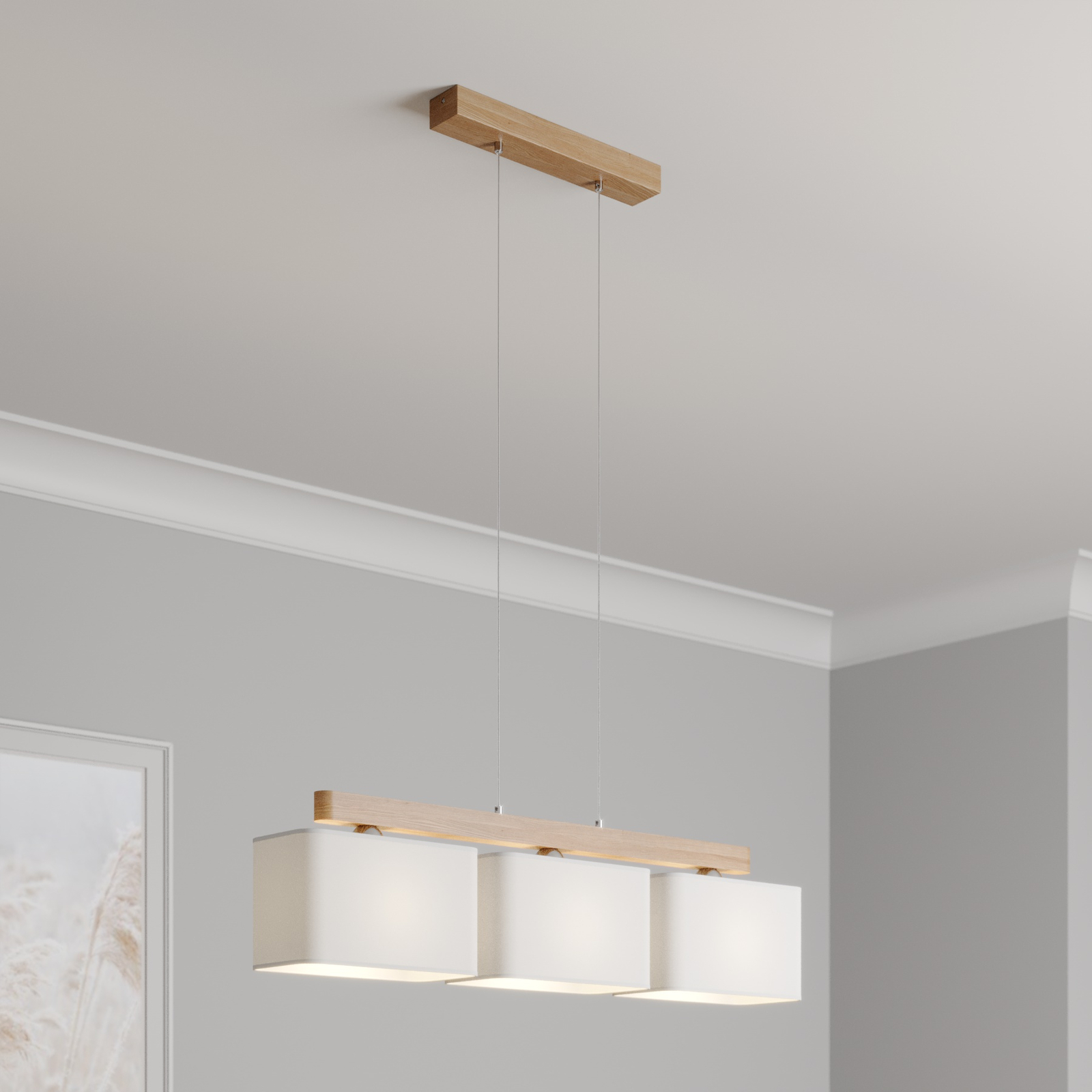 Hanglamp Cassy met drie witte textielkappen
