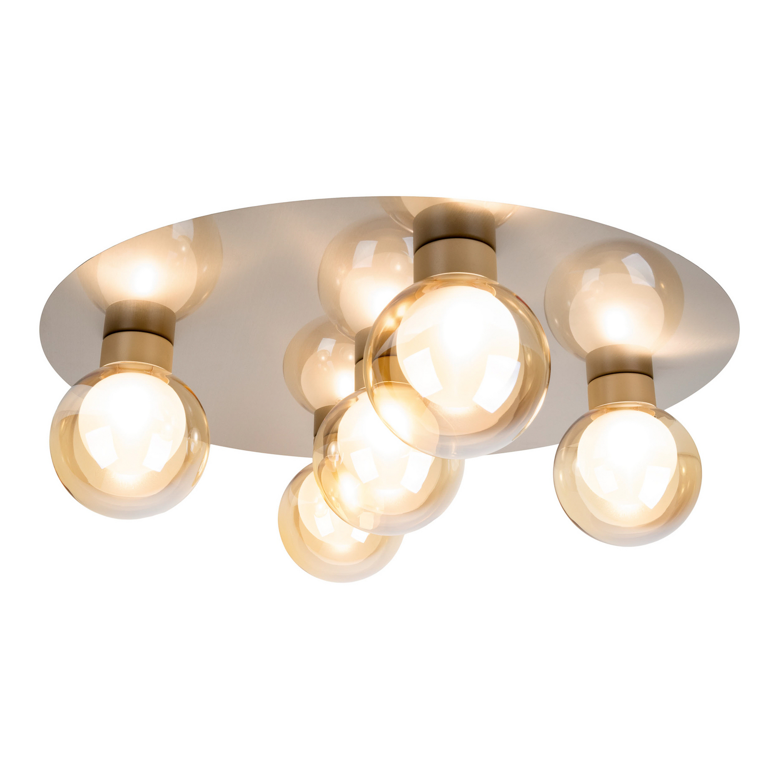 Stropna svjetiljka Donika, okrugla s 5 žarulja, staklo, čelik, jantarna, G9