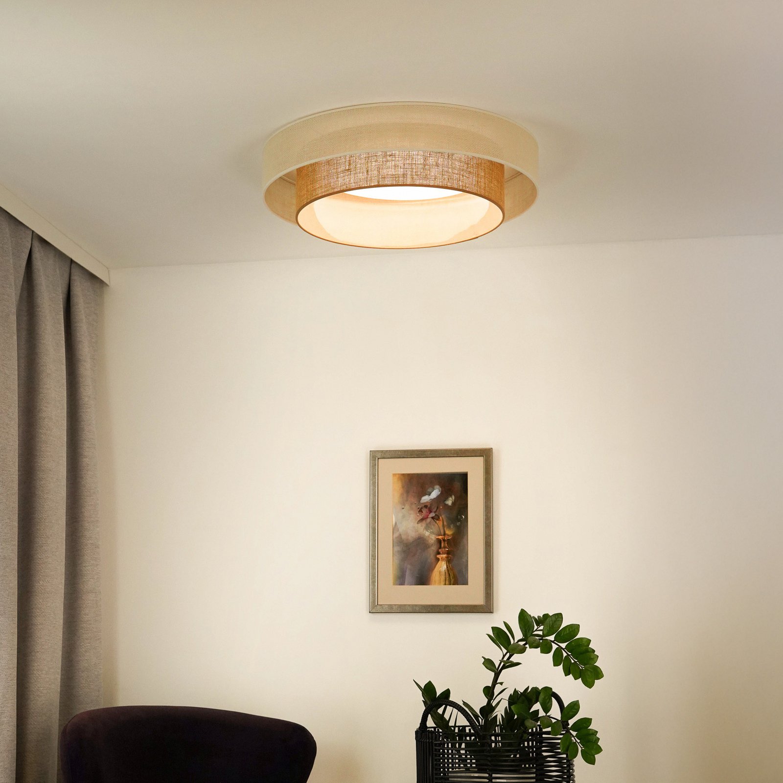 LED griestu gaisma Luneta, džuta, balta/brūna, Ø 60 cm, 3 pakāpju izslēgšana