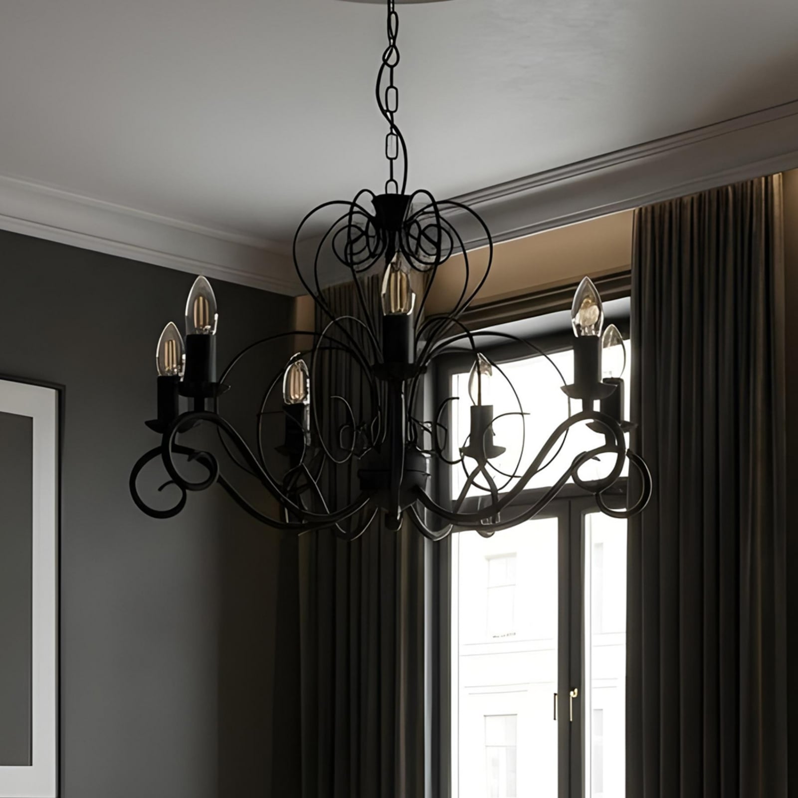 Mauro chandelier, black, 7-bulb, Ø 62 cm, metal, E14