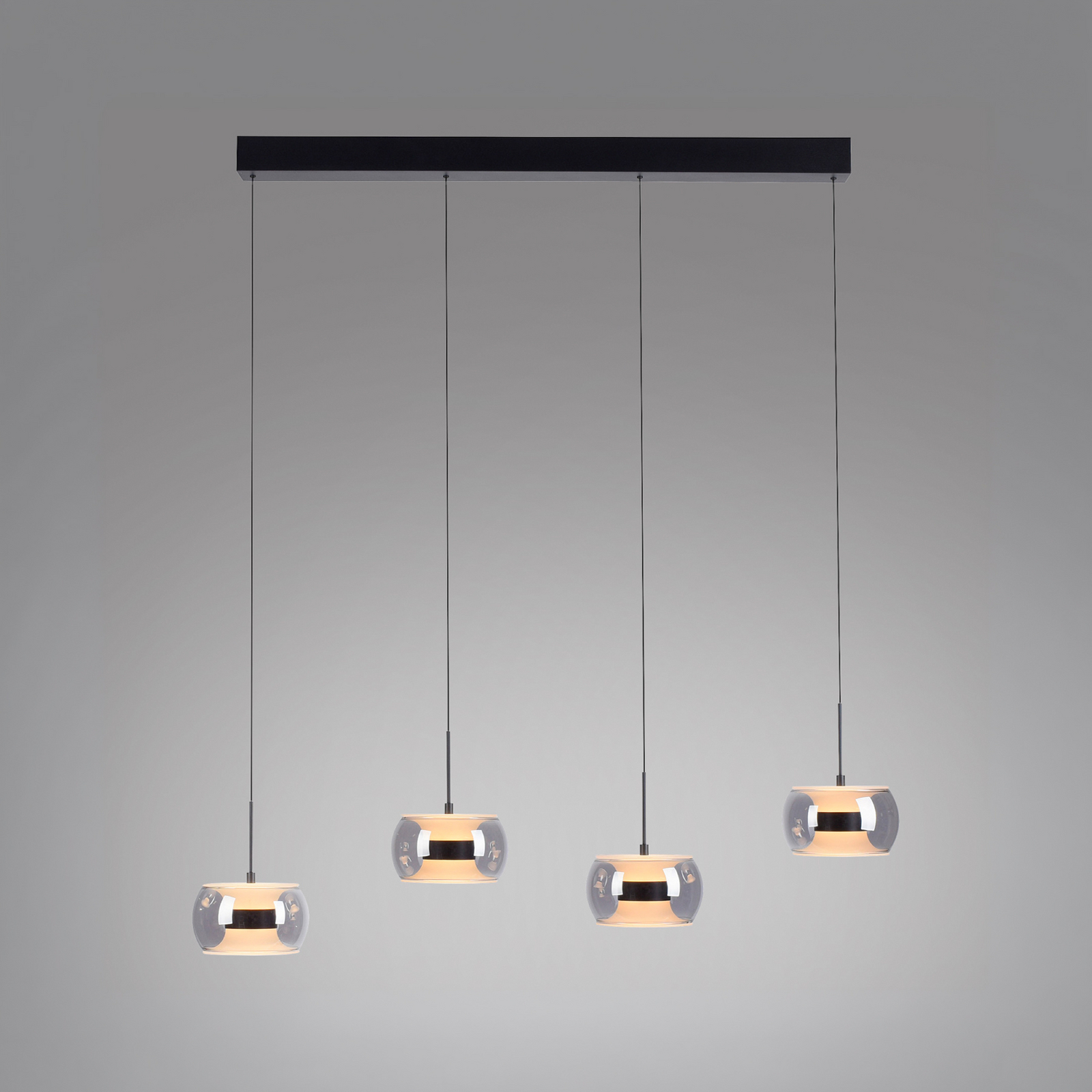 Fumea LED lógó lámpa, hossza 110 cm, fekete/füstös üveg, CCT, 4 izzós