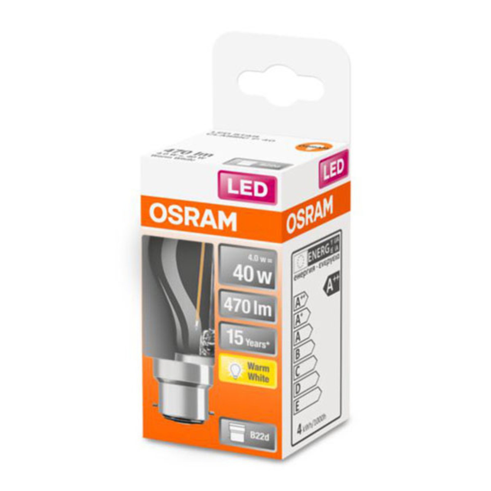 OSRAM LED-dråpelampe B22d 4W 2.700K klar