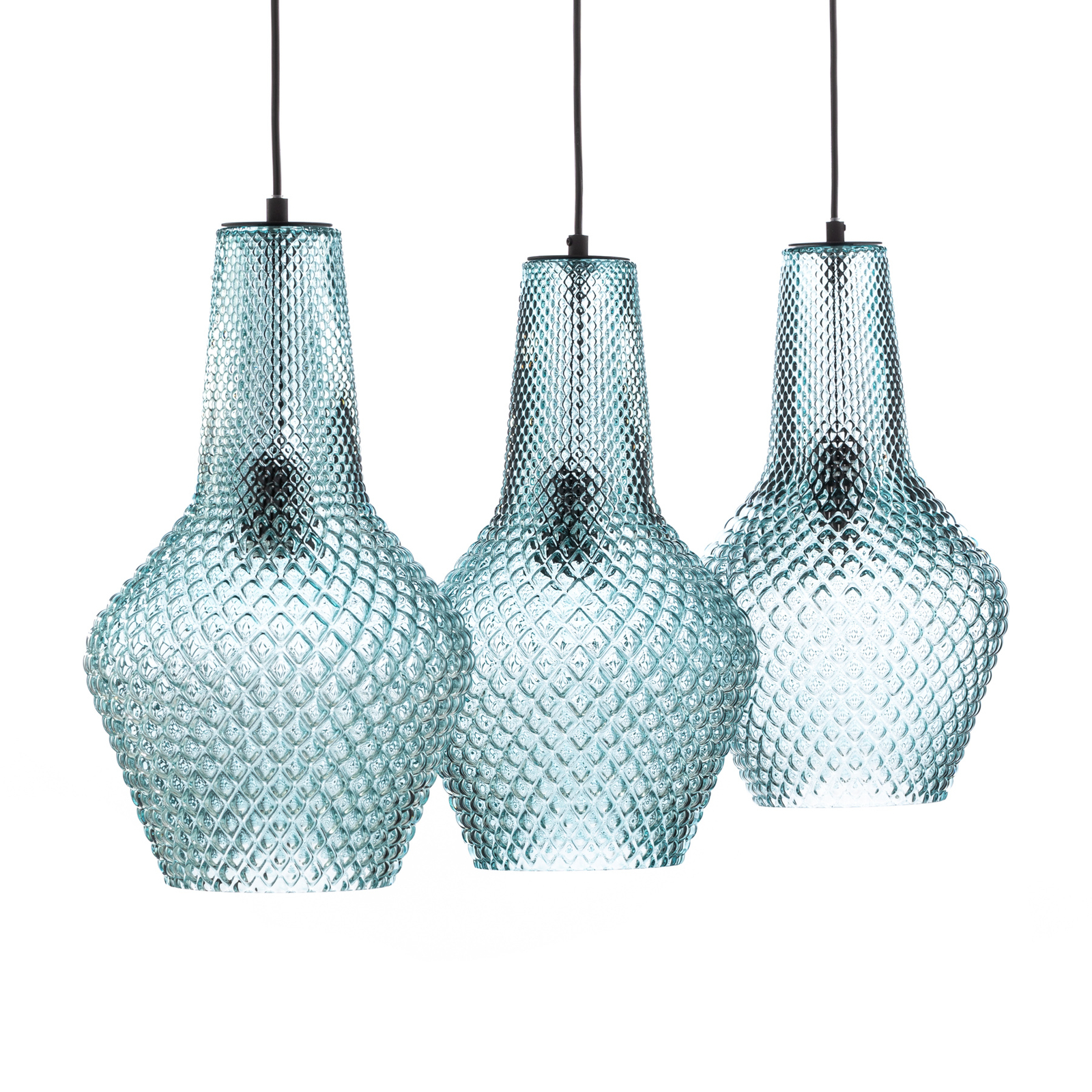 Lindby, candeeiro suspenso Drakar, 3 lâmpadas, azul claro, vidro, Ø 25 cm