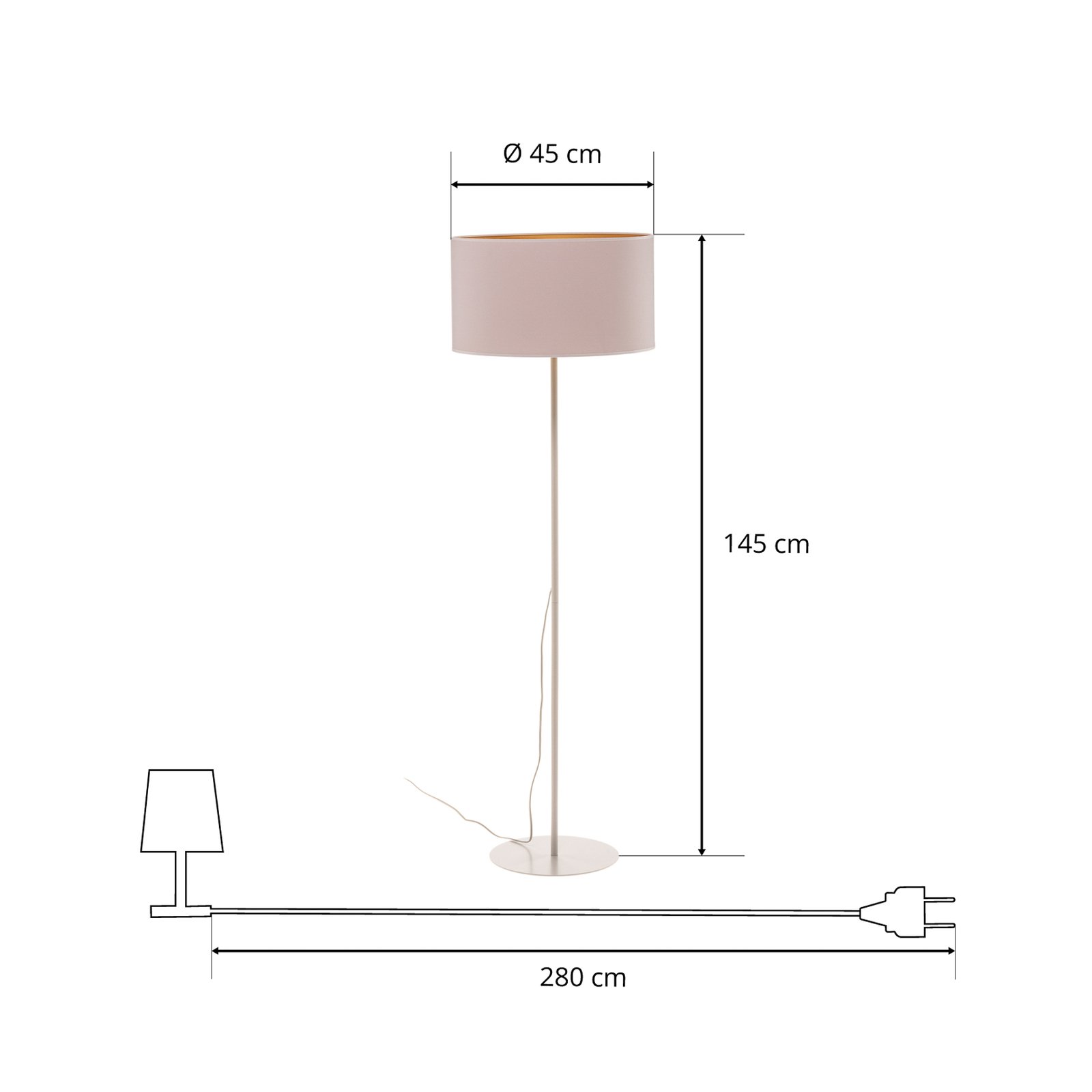 Vloerlamp Roller, wit/goud, hoogte 145 cm