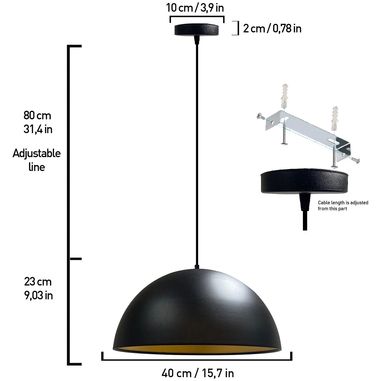 Lipeo pendant light, black/gold, Ø 40 cm, metal, E27