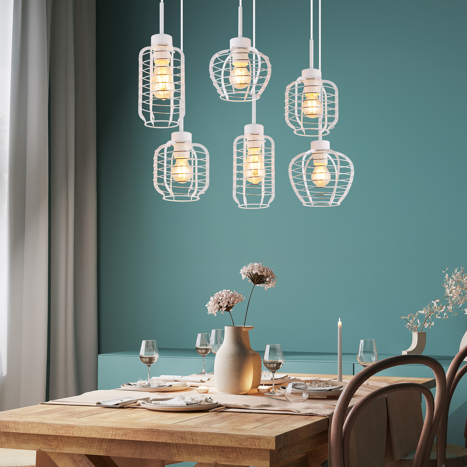 Lampă suspendată Nesa, lungime 77 cm, alb/crom, metal, cu 6 becuri Lampă suspendată Nesa, lungime 77 cm, alb/crom, metal, cu 6 becuri