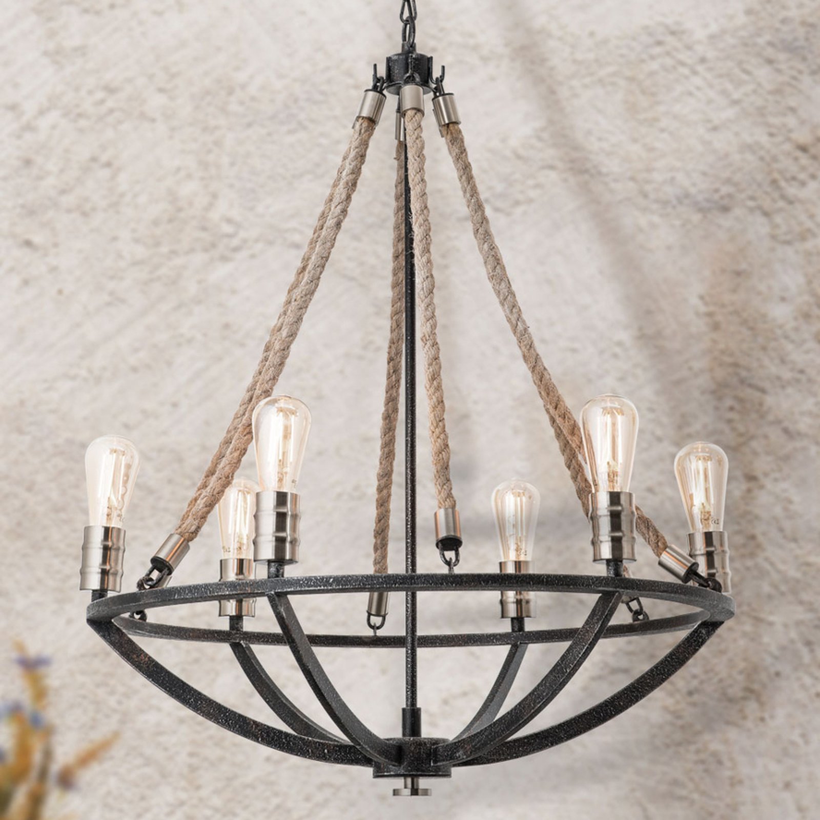 Orion Antique-looking Gita chandelier, 6-bulb, for Living / Dining Room, metal, hemp, E27, 60 W, energy efficiency: A++, H: 80 cm