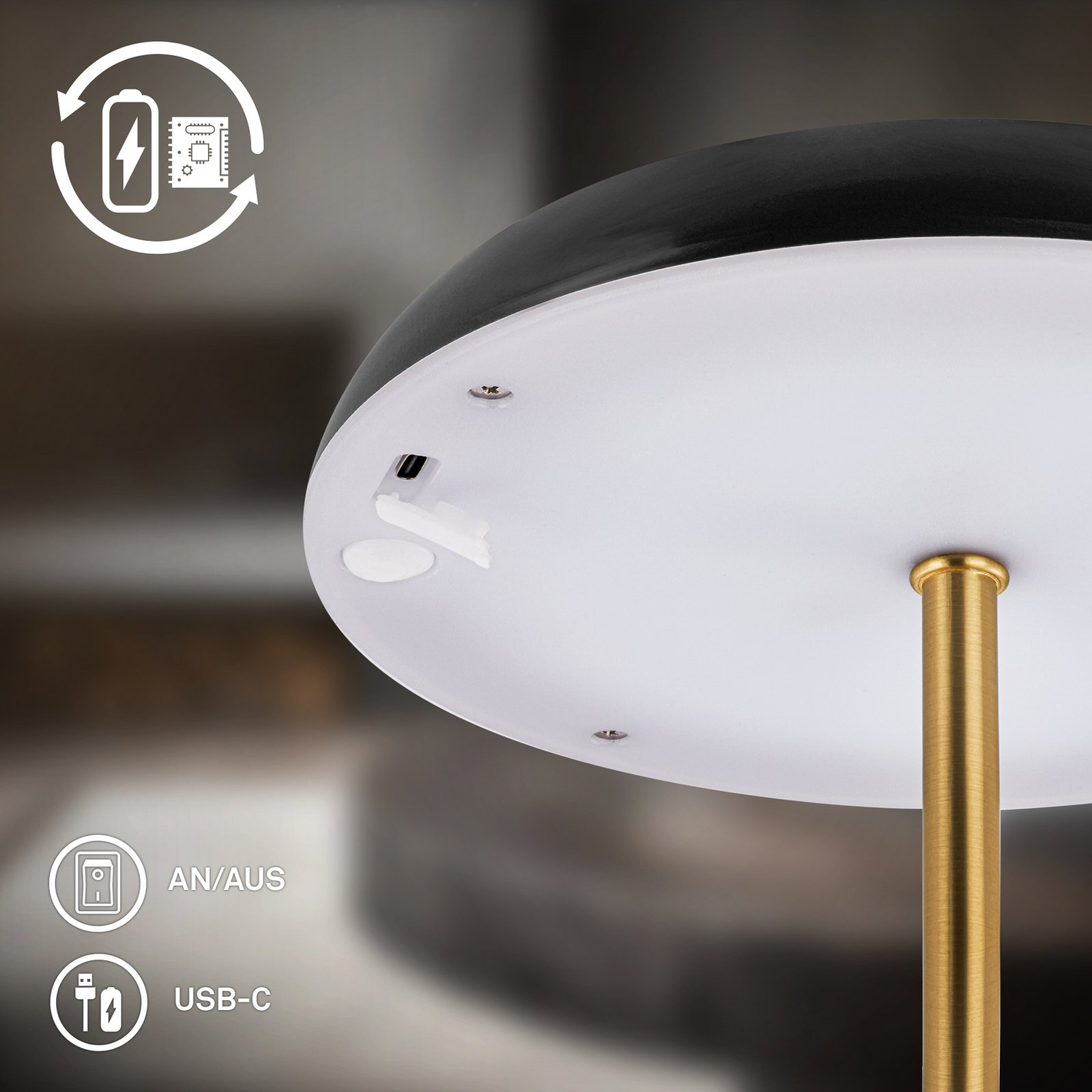 LED-akutoitega laualamp Brilo unplugged Caxa, must/messing