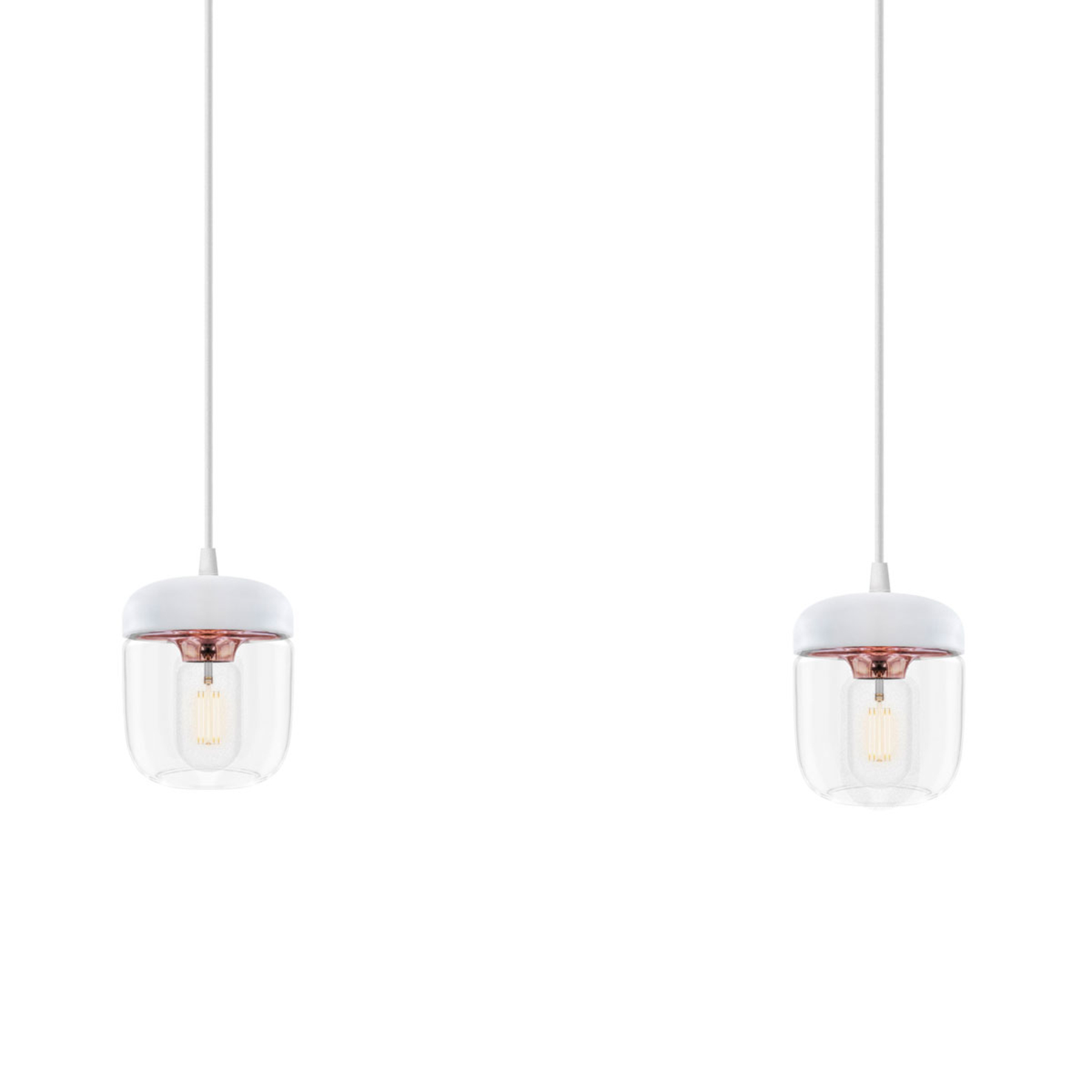 UMAGE Acorn hanging lamp two-bulb, white/copper, for Living / Dining Room, glass, silicone, aluminium, plastic, E27, 15 W, energy efficiency: A++