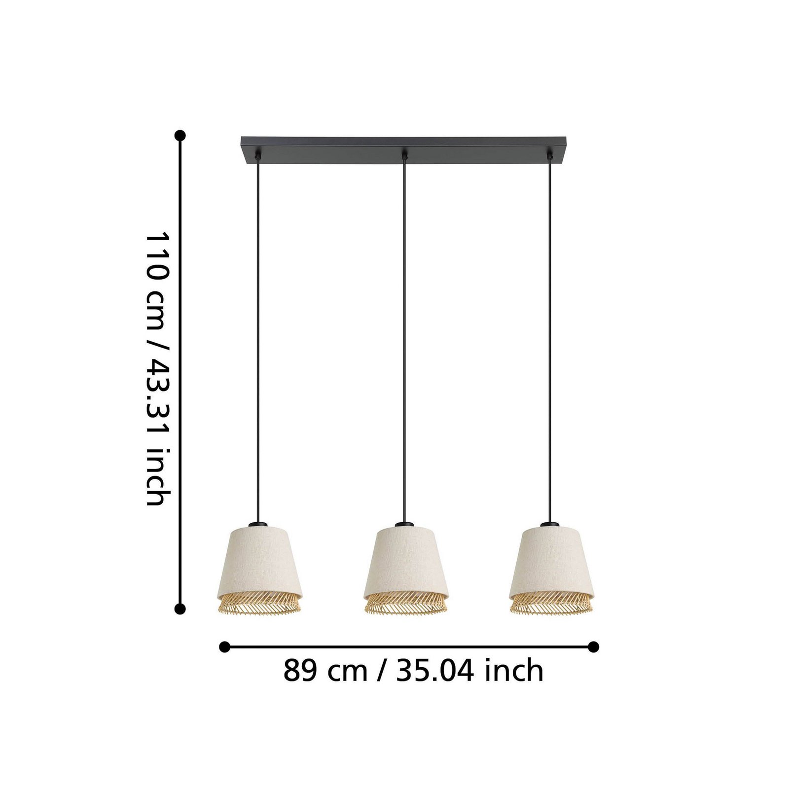 Tabley függőlámpa, fekete/természetes színű, 89 cm, szövet, 3-lámpás.