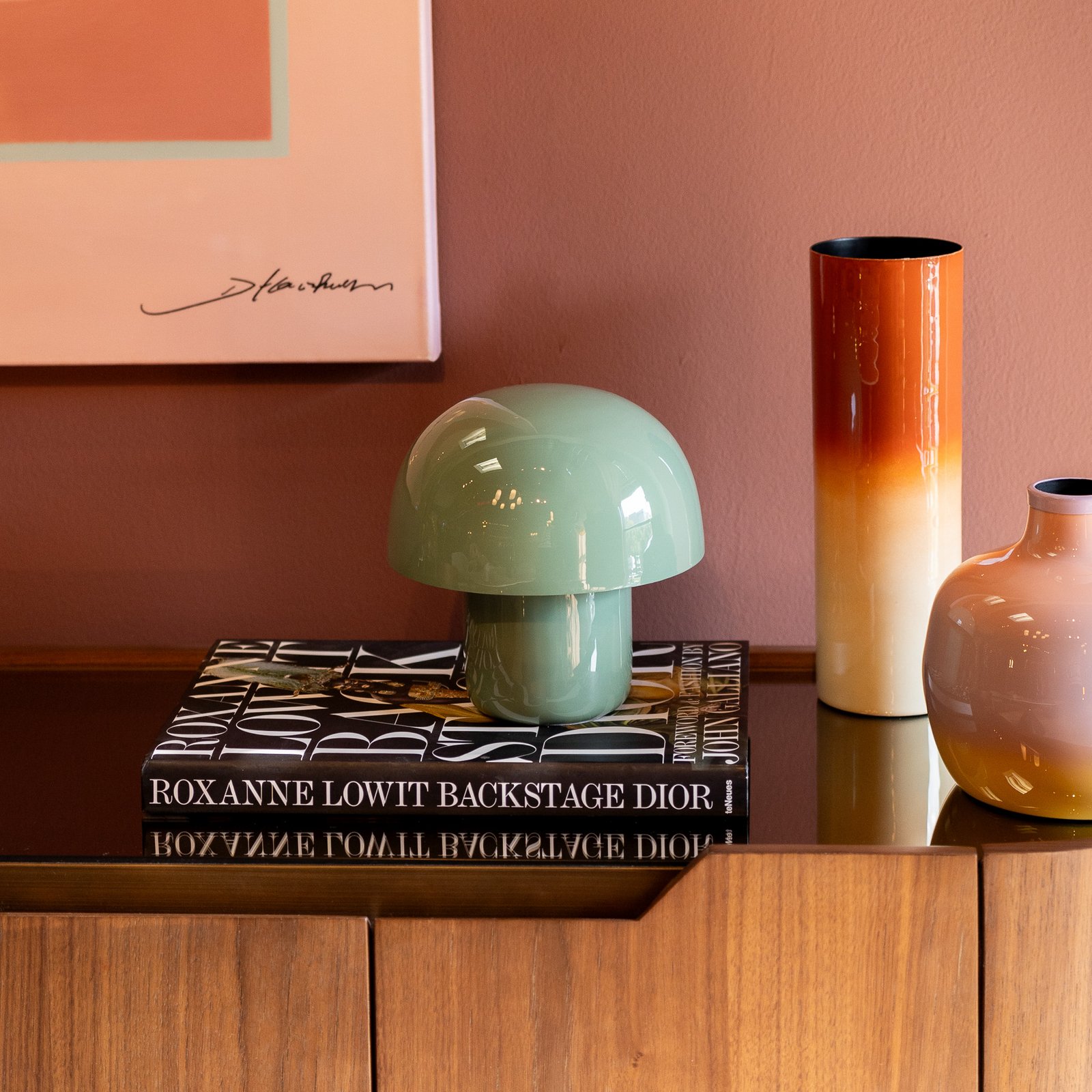 Kare galda lampa Mushroom, salvijas zaļā krāsā, metāls, 20 cm, E14