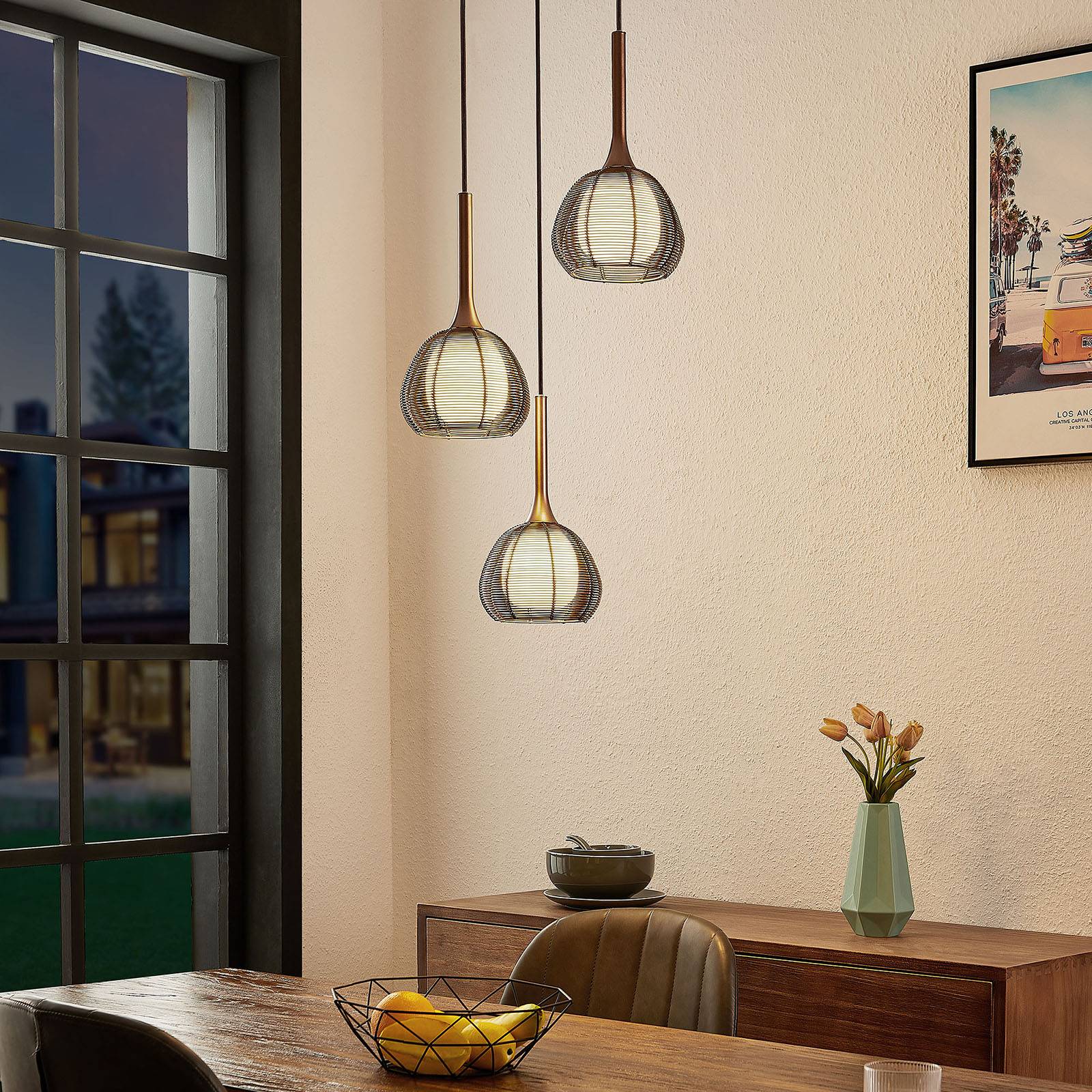 Lucande Tetira hanglamp, 3-lamps, rond, bruin