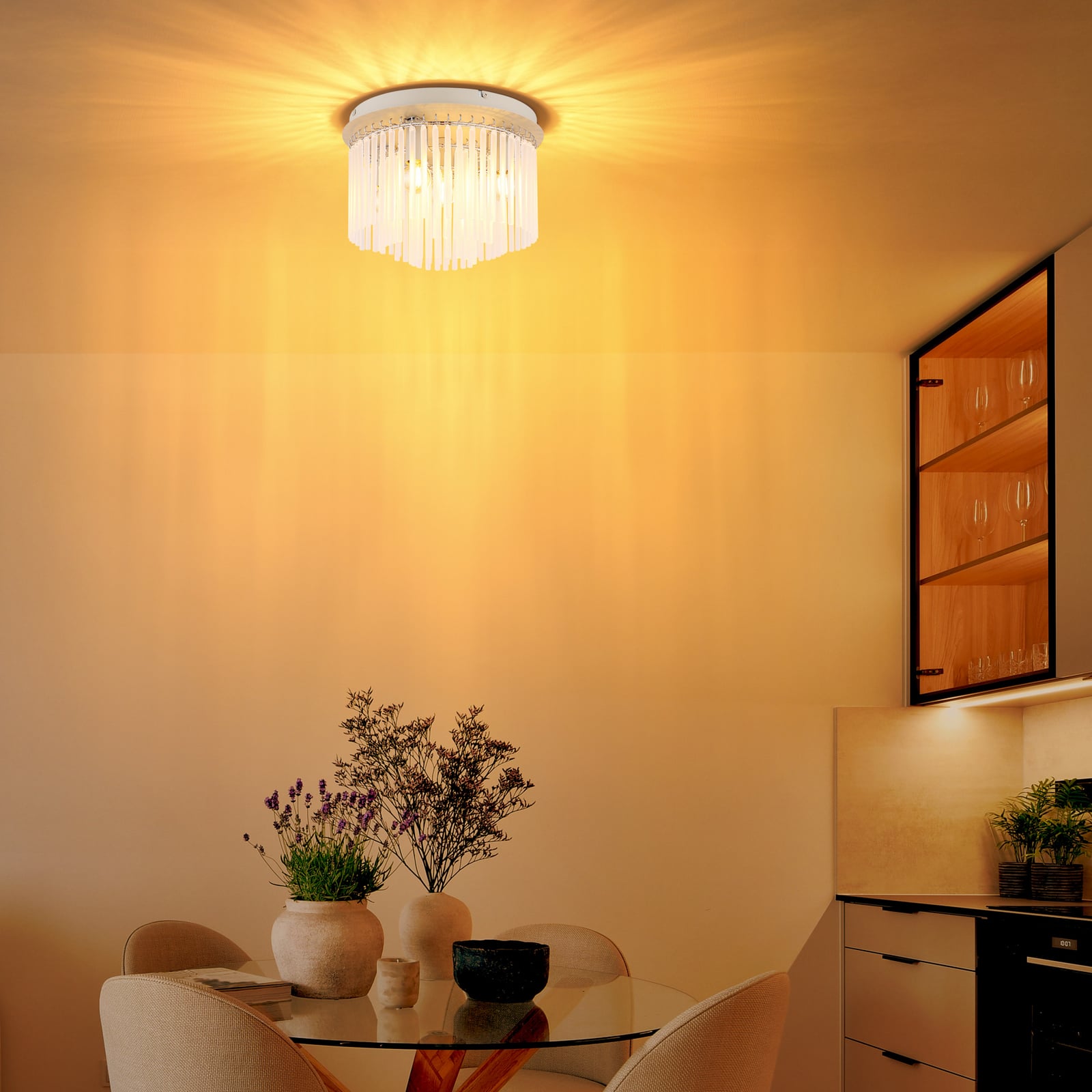 Plafondlamp Gorley, wit/zandkleurig, glas, Ø 32 cm, 5-lamps, E14 Plafondlamp Gorley, wit/zandkleurig, glas, Ø 32 cm, 5-lamps, E14
