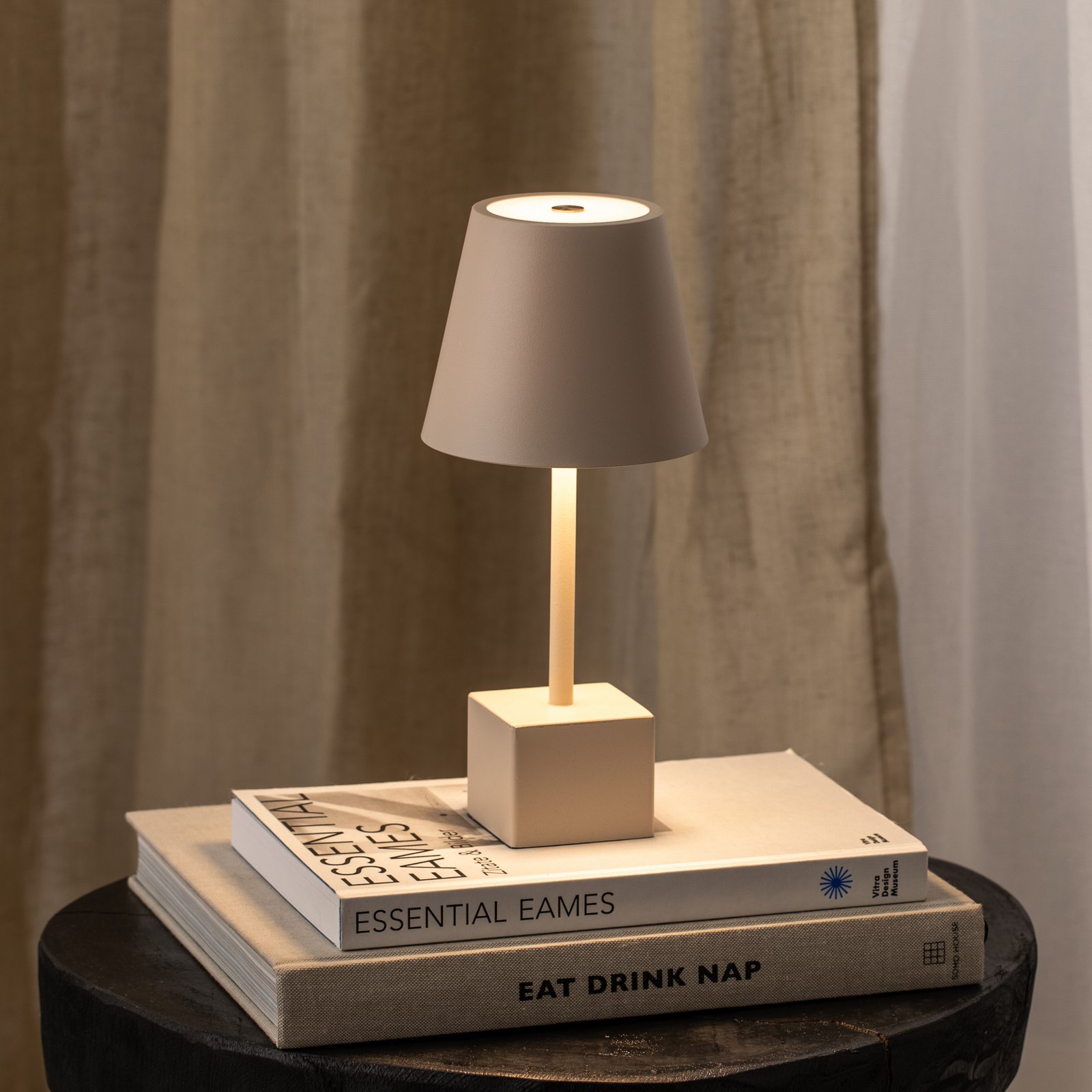 Lindby LED rechargeable table lamp Janea CUBE, beige, metal