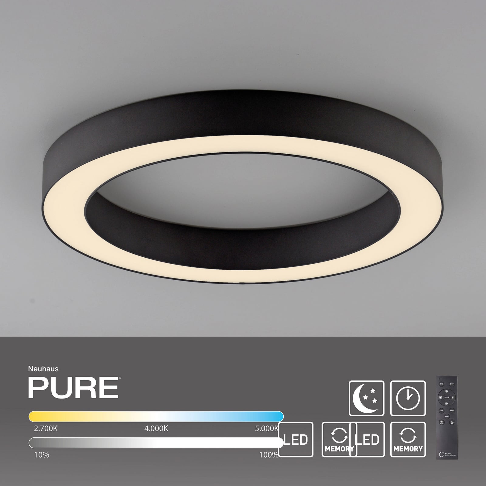 Lines LED-Deckenlampe, Ø 35 cm, graphit, CCT, Remote - PURE