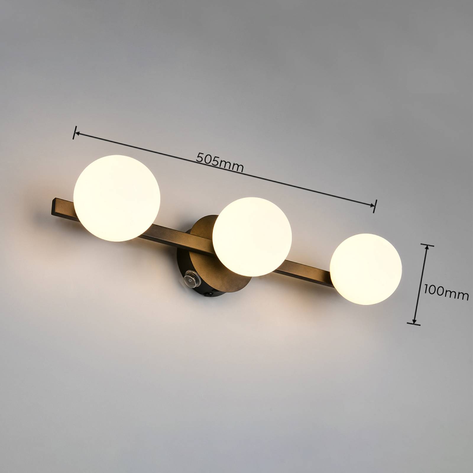 Trio Lighting Wandlamp Alfio, 50 cm, zwart metaal/glas, IP44, 3-lamps