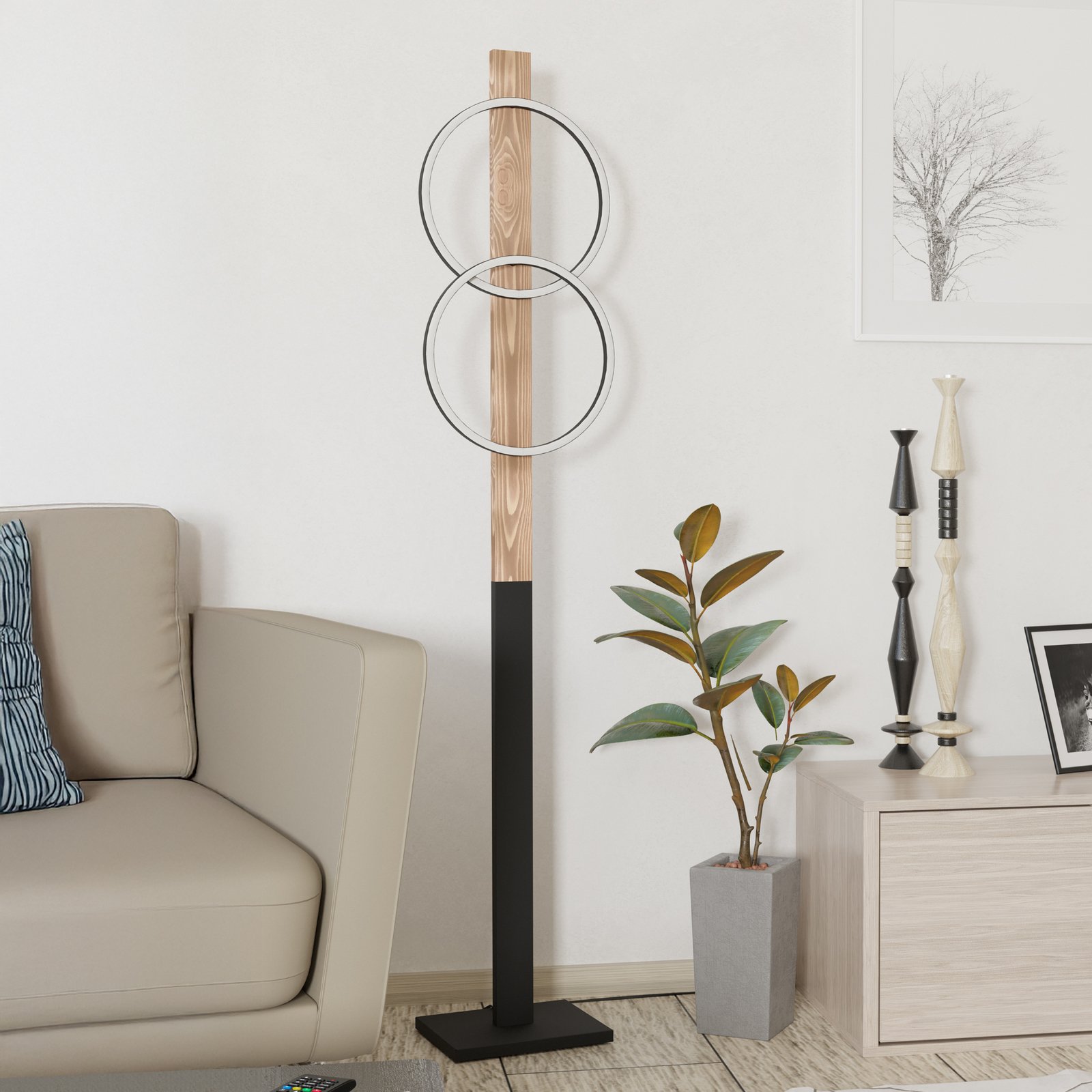 LED stojacia lampa Boyal, hnedá, výška 150 cm, drevo, 2 svetlá.