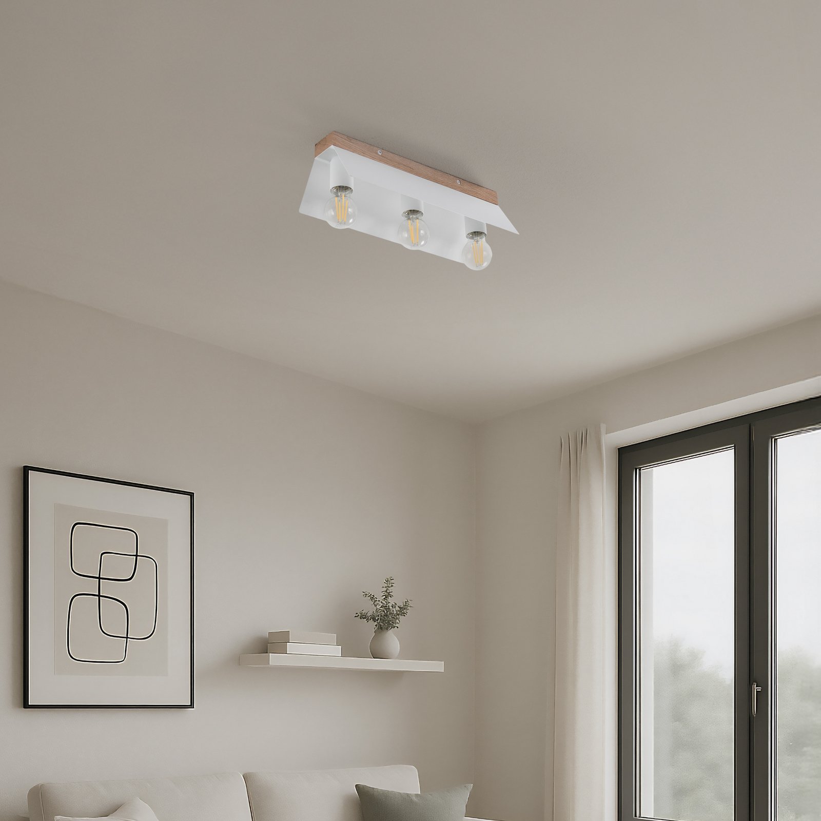 Esme ceiling lamp, white, length 40 cm, metal/wood, 3-bulb Esme ceiling lamp, white, length 40 cm, metal/wood, 3-bulb