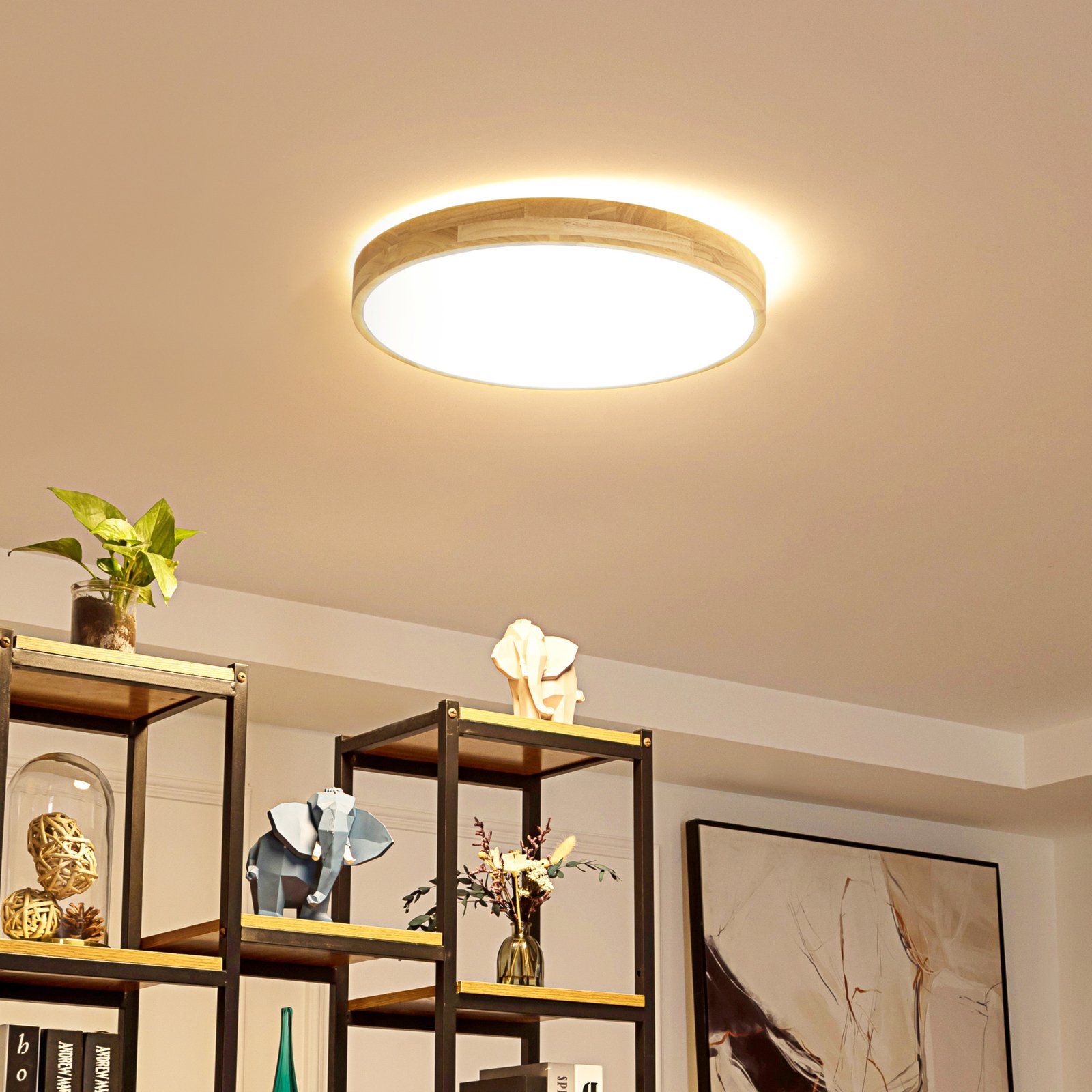 Lindby Smart LED plafondlamp Innes hout Ø51cm RGB CCT Tuya