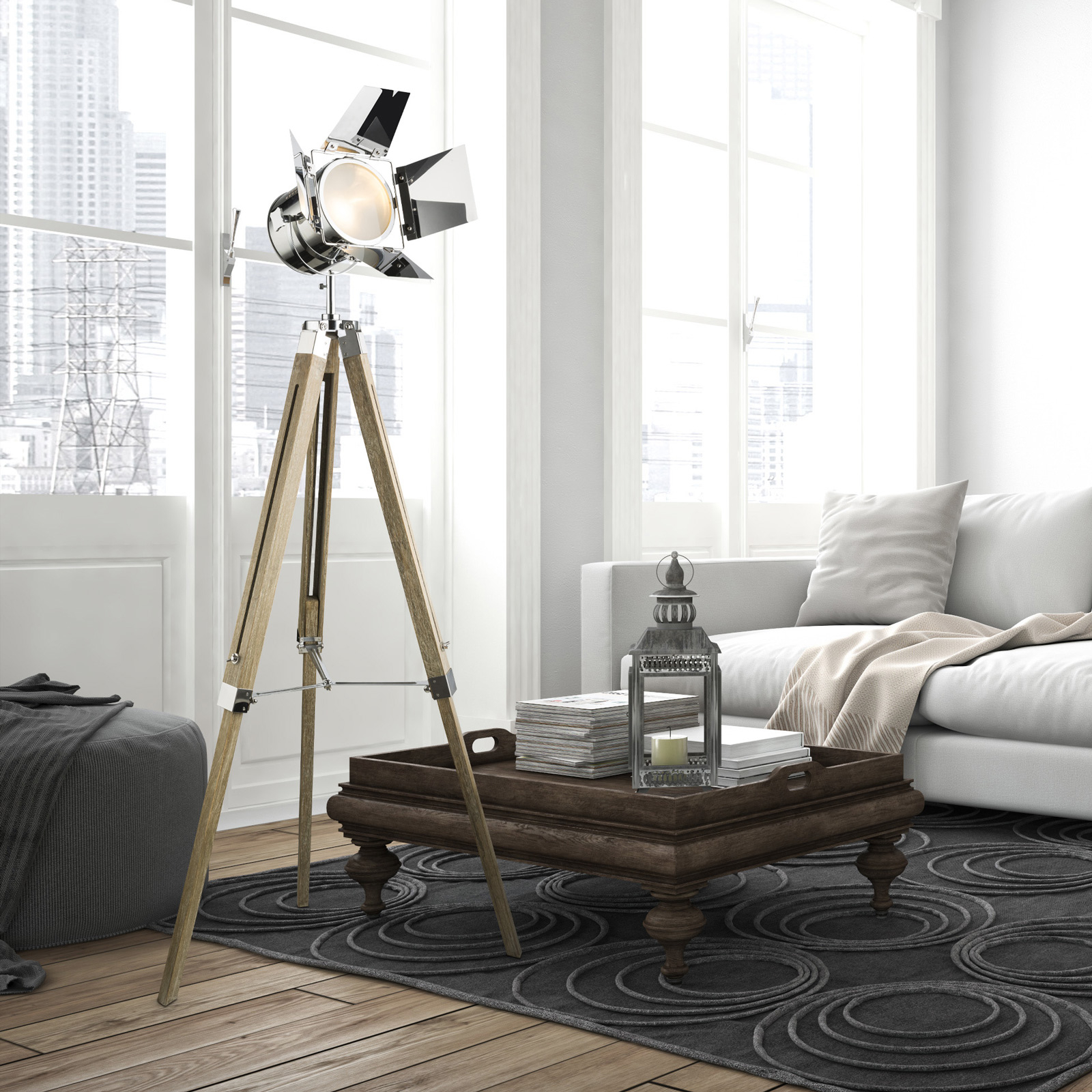 chrome spotlight wooden floor lamp