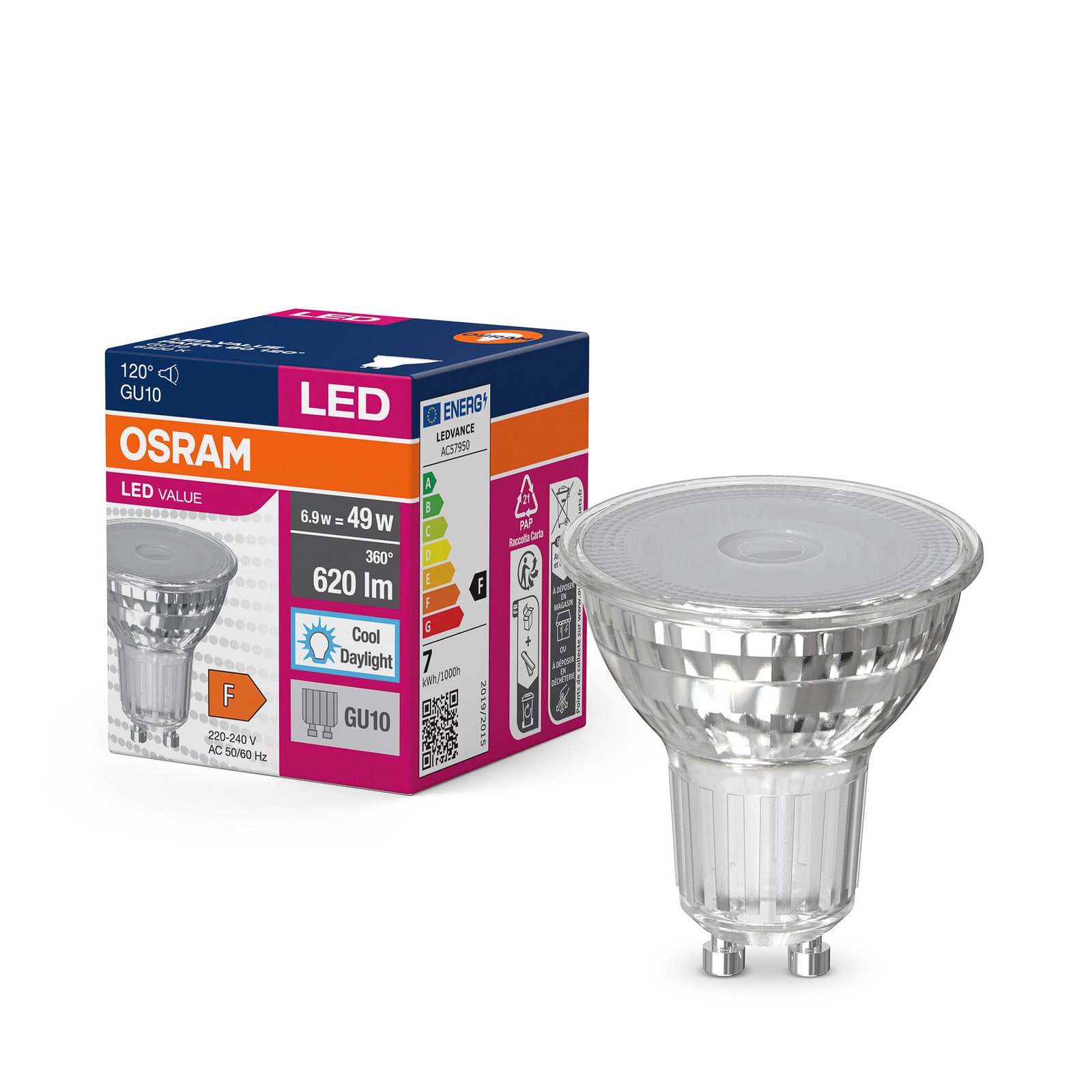 OSRAM LED spuldze ar atstarotāju GU10 6,9W 120° 865 caurspīdīga