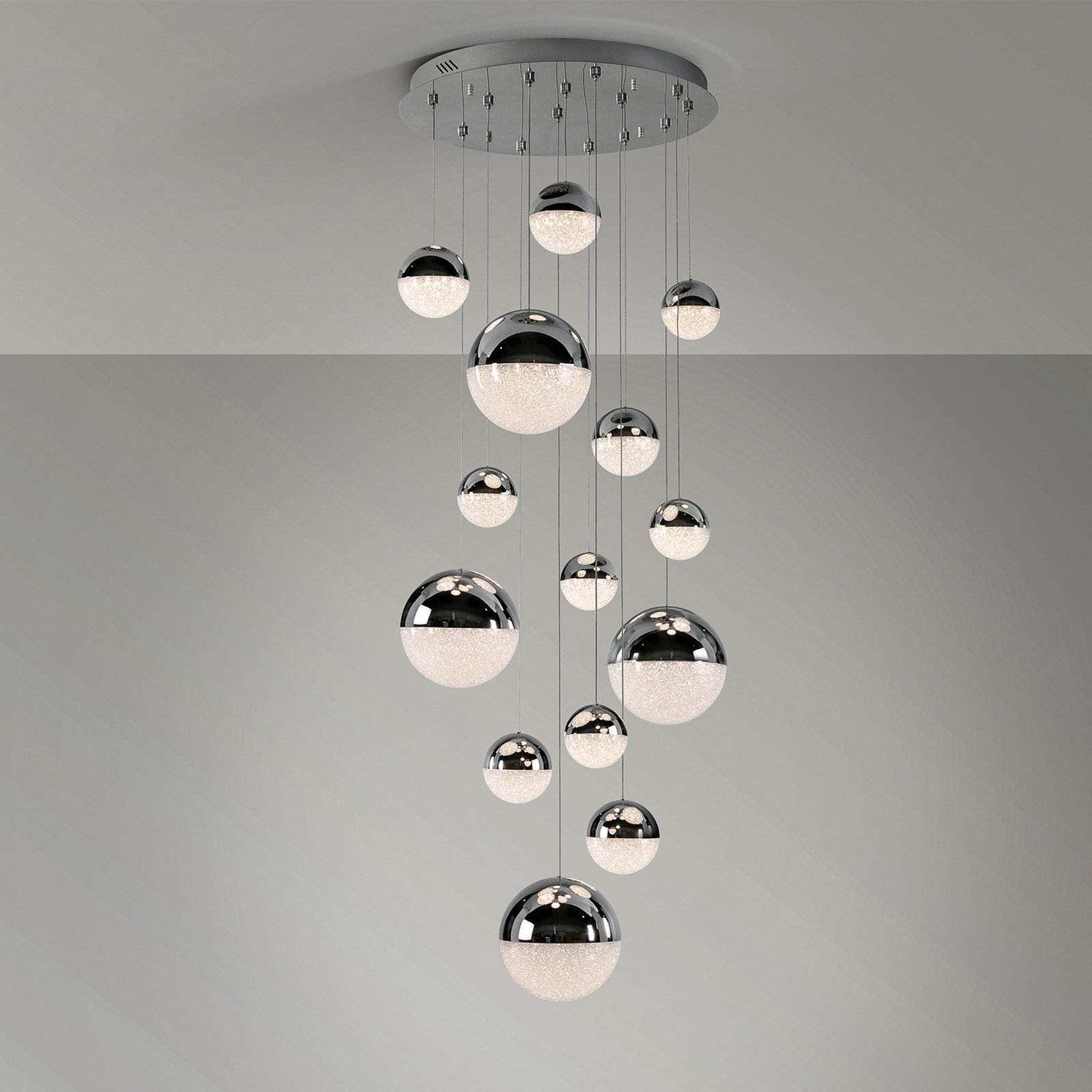 LED piekaramais gaismeklis Sphere, 14 gaismu, hroms, dimmējams, Ø 60 cm