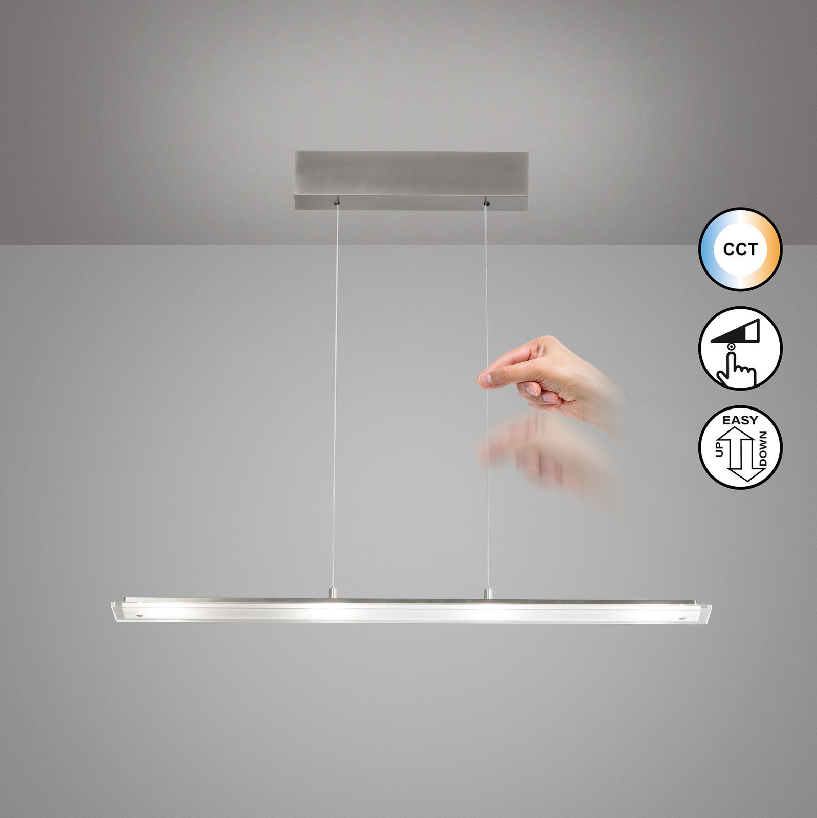 LED pakabinama lempa „Torvi“, nikelio spalvos, ilgis 88 cm, CCT, jutiklinis