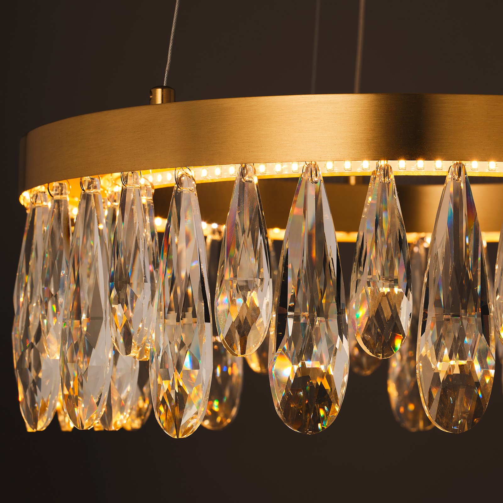 LED висяща лампа Celestia, Ø 40 cm, месингов цвят, кристал