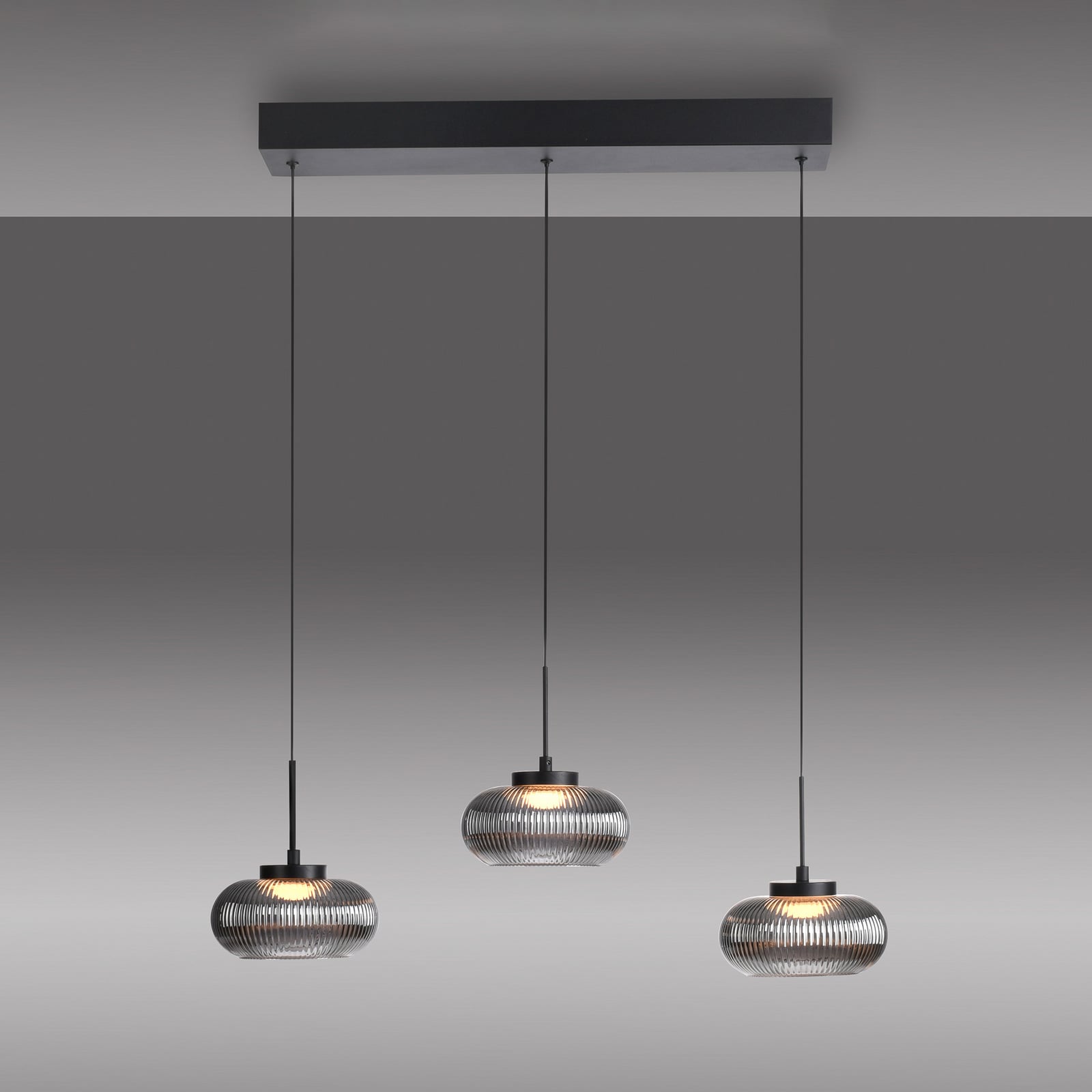 Lámpara colgante LED Noctis, 3 luces, gris ahumado, cristal, atenuable, 3.000 K