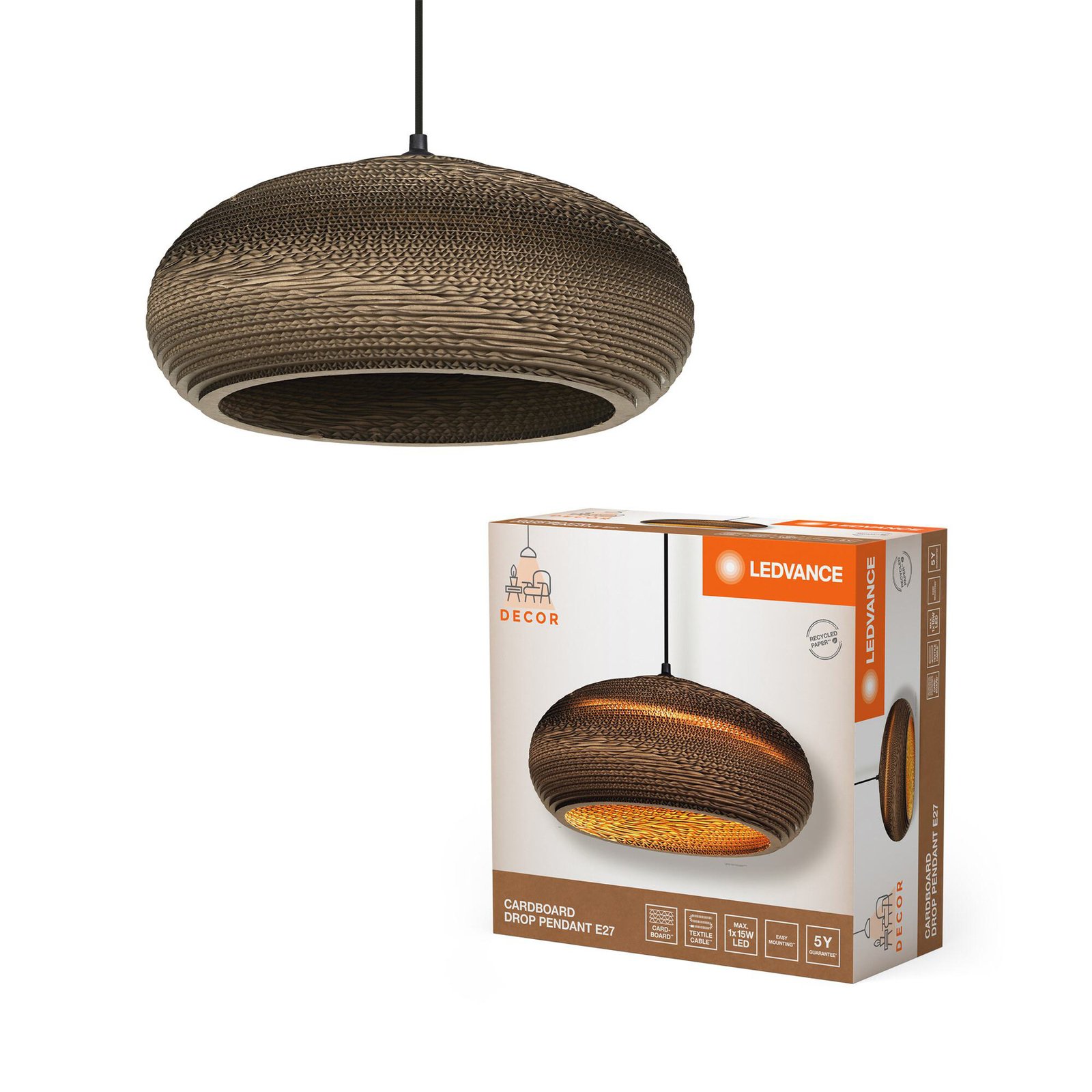 LEDVANCE Drop pendant light, Ø 40 cm, brown, corrugated cardboard, E27