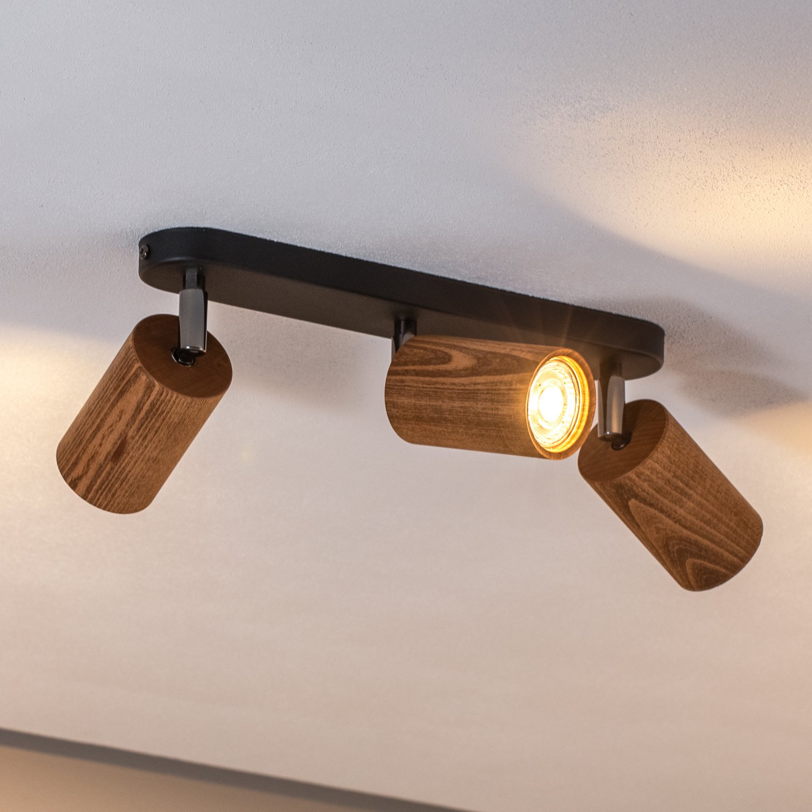 Plafón Nise, 3 luces, alargado, acero negro, madera