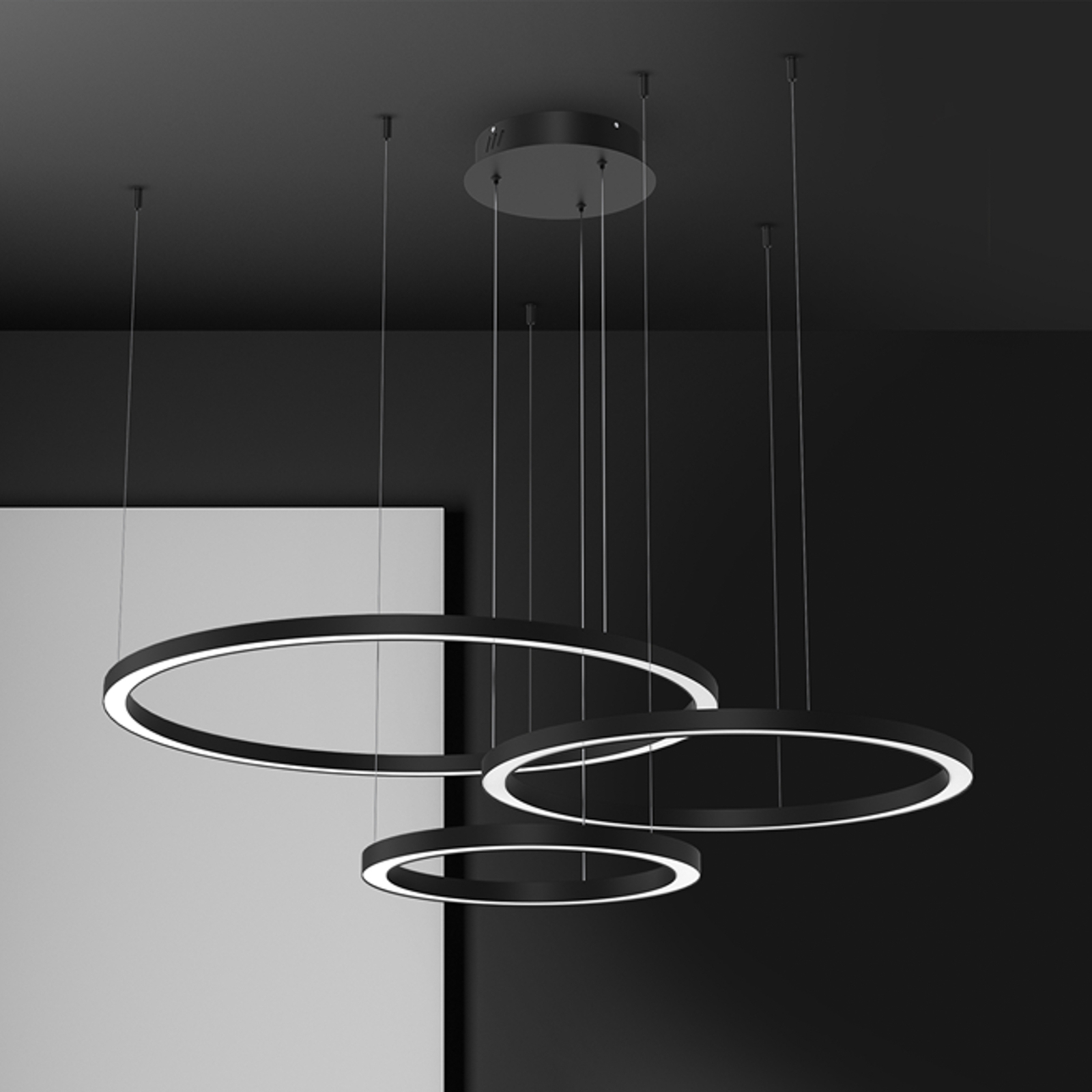 Suspension LED Galaxia, plastique, noir, 3 lampes, 85 W